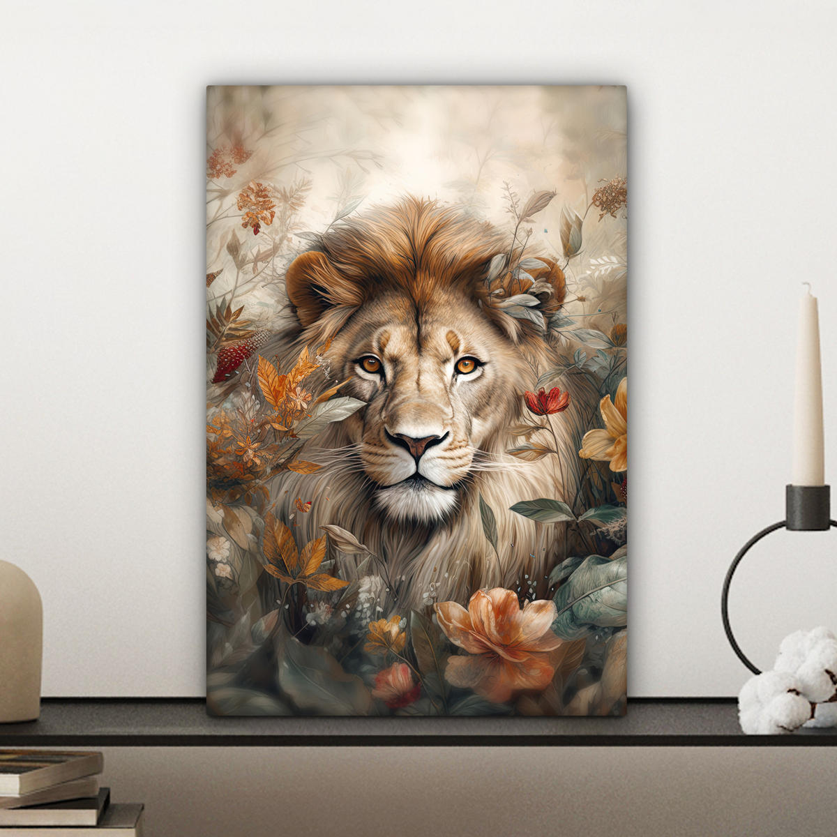 LEINWANDBILD Löwe - Wildtiere - Pflanzen - Natur - Blumen Deko Wohnzimmer 20x30 cm - Beige, Textil (20/30cm) - MuchoWow