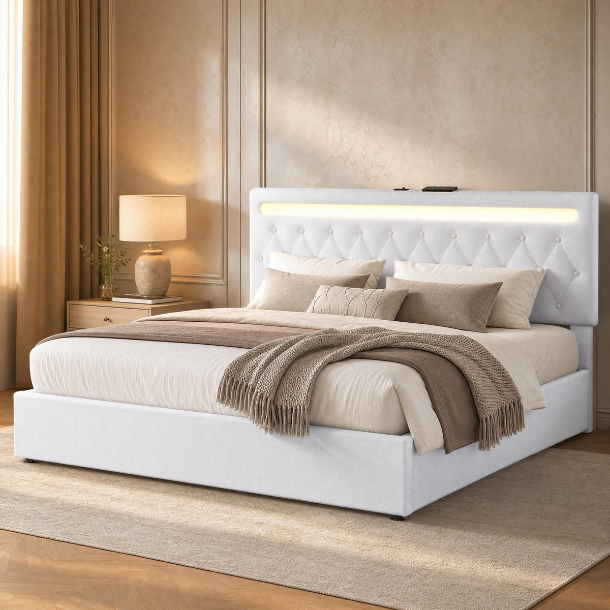 POLSTERBETT 180/200 mit hydraulischem Hebemechanismus, LED und USB-Anschluss in Weiß - Weiß, Holzwerkstoff/Textil (180/200cm) - EVRYAE