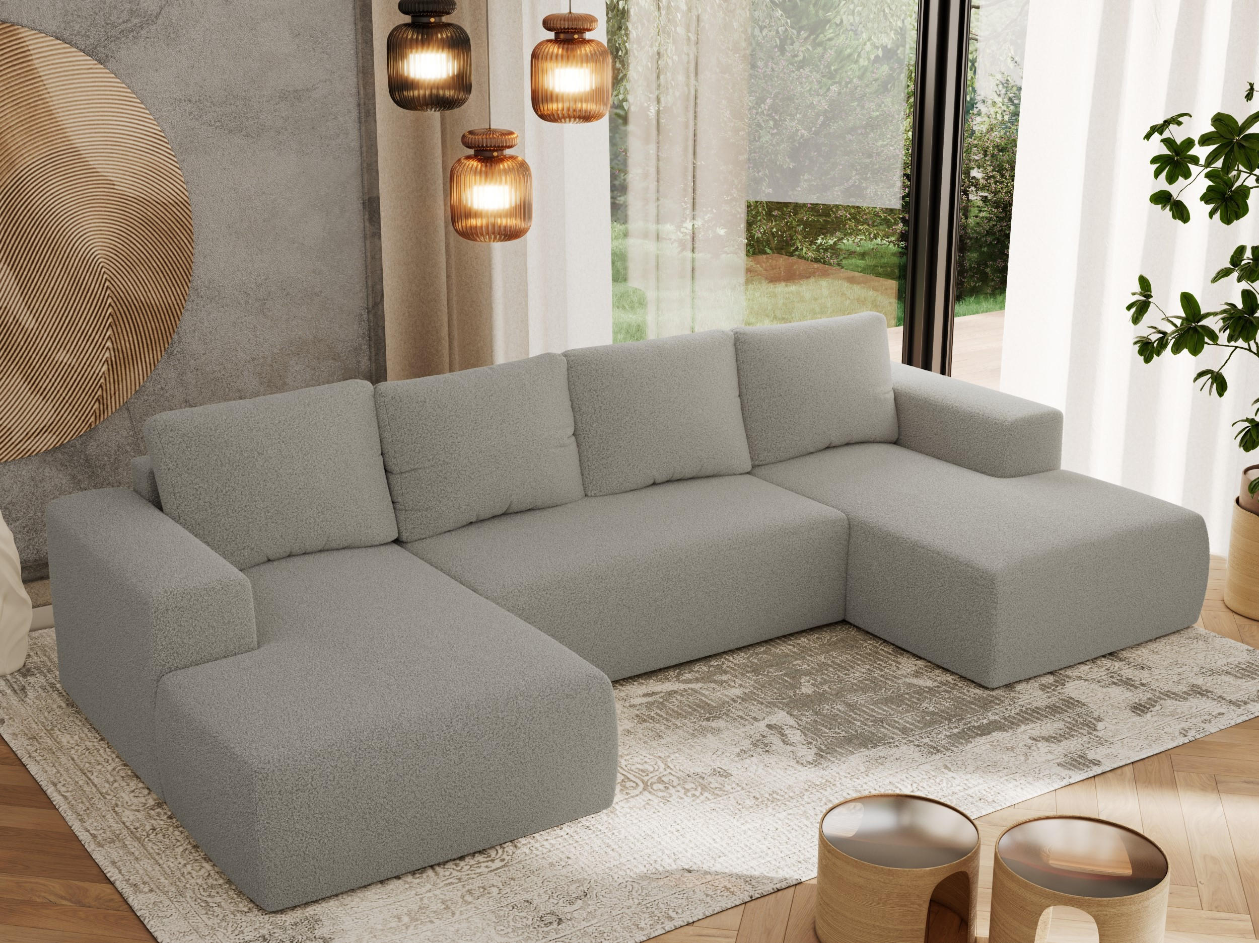WOHNLANDSCHAFT TRENTINO U Hellgrau Boucle - Hellgrau, Textil (334/91/163cm) - MKS