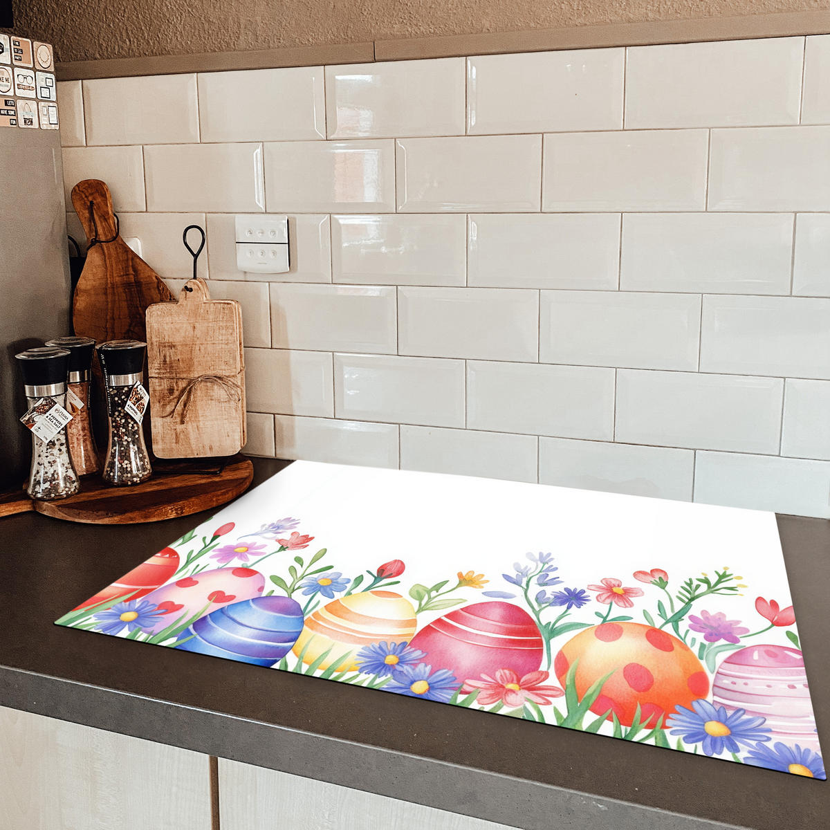 HERDABDECKPLATTE Blumengarten - Bunt - Eier Herdabdeckung Induktionsfeld 75x52 cm - Weiß, Kunststoff (75/52/0.2cm) - MuchoWow