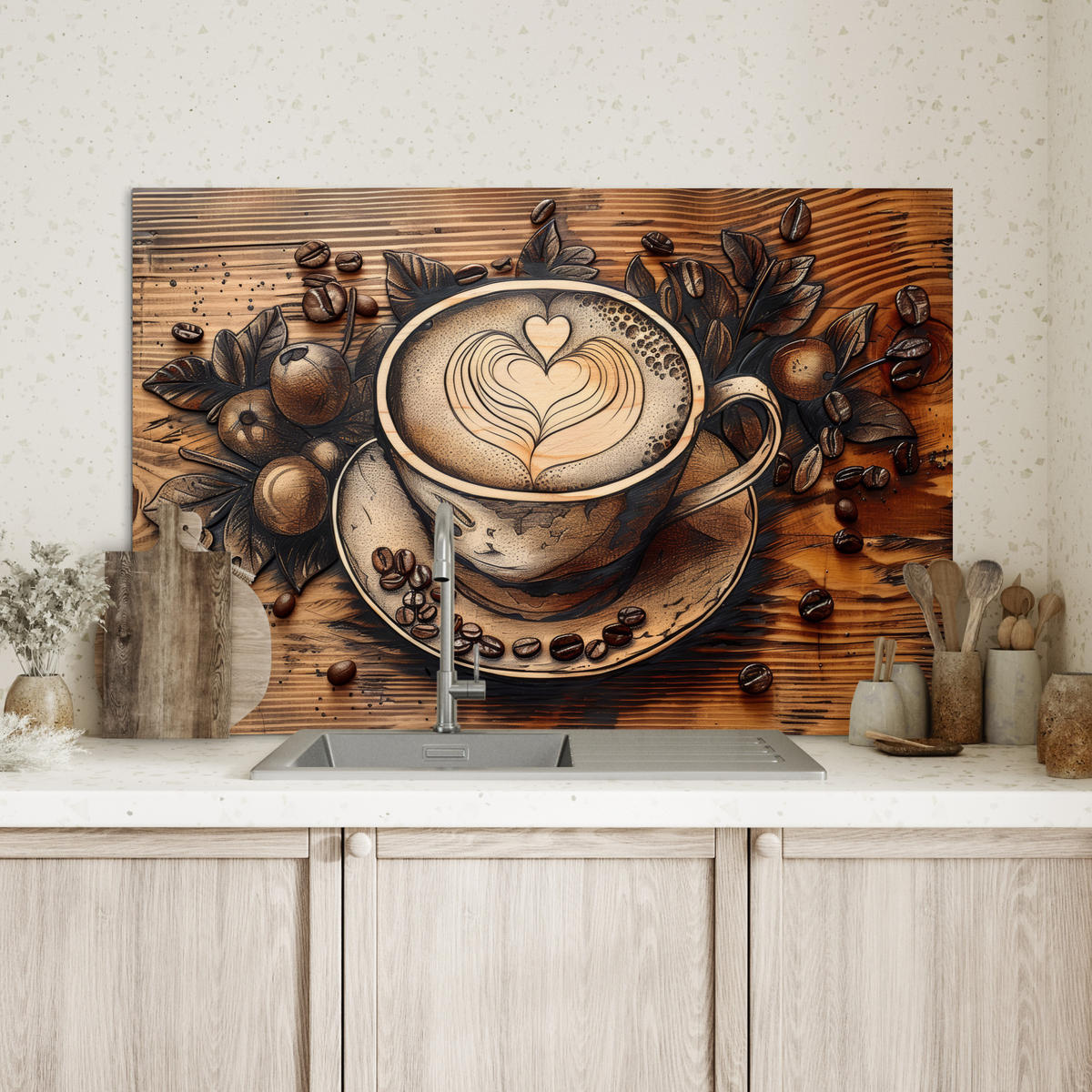 SPRITZSCHUTZ KÜCHE Kaffee - Vintage - Braun - Tasse - Holz 90x60 cm - Cappuccino, Metall (90/0.3/60cm) - MuchoWow