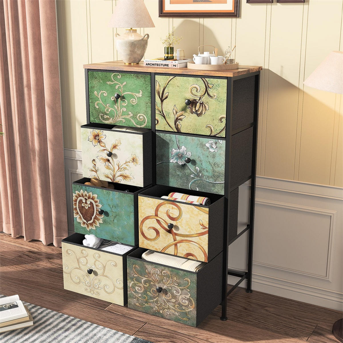 KOMMODE mit 8 Schubladen - bunte Vintage-Muster und Schwarzer Griff - Mehrfarbig - Multicolor, Metall (67.5/100/30cm) - DELFA