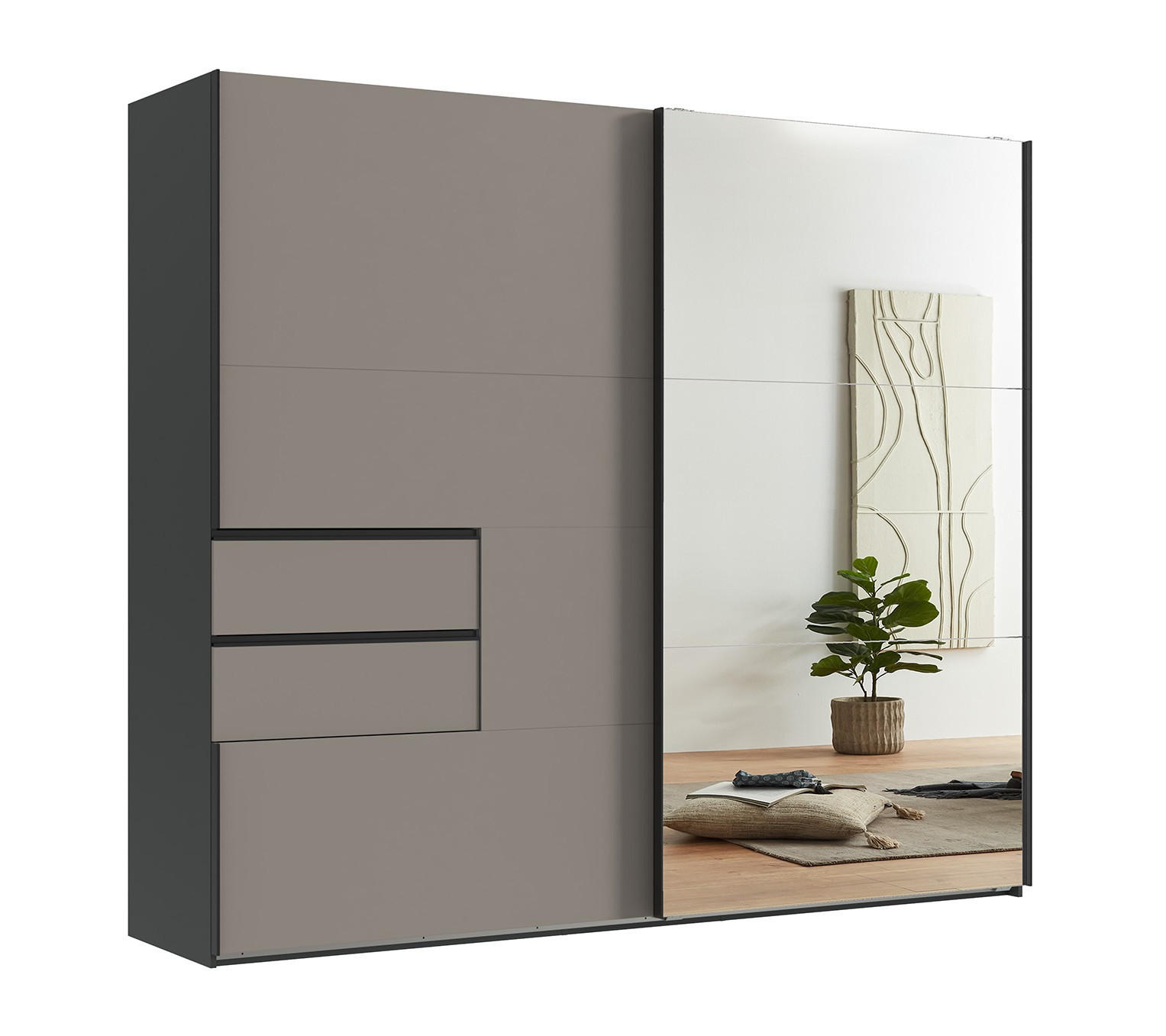 luma-home SKŘÍŇ S POSUVNÝMI DVEŘMI, 2dveřová, 250 × 216 × 65 cm (Š×V×H), korpus v barvě grafit, dveře a zásuvky v barvě pískově šedé / zrcadlové / 220