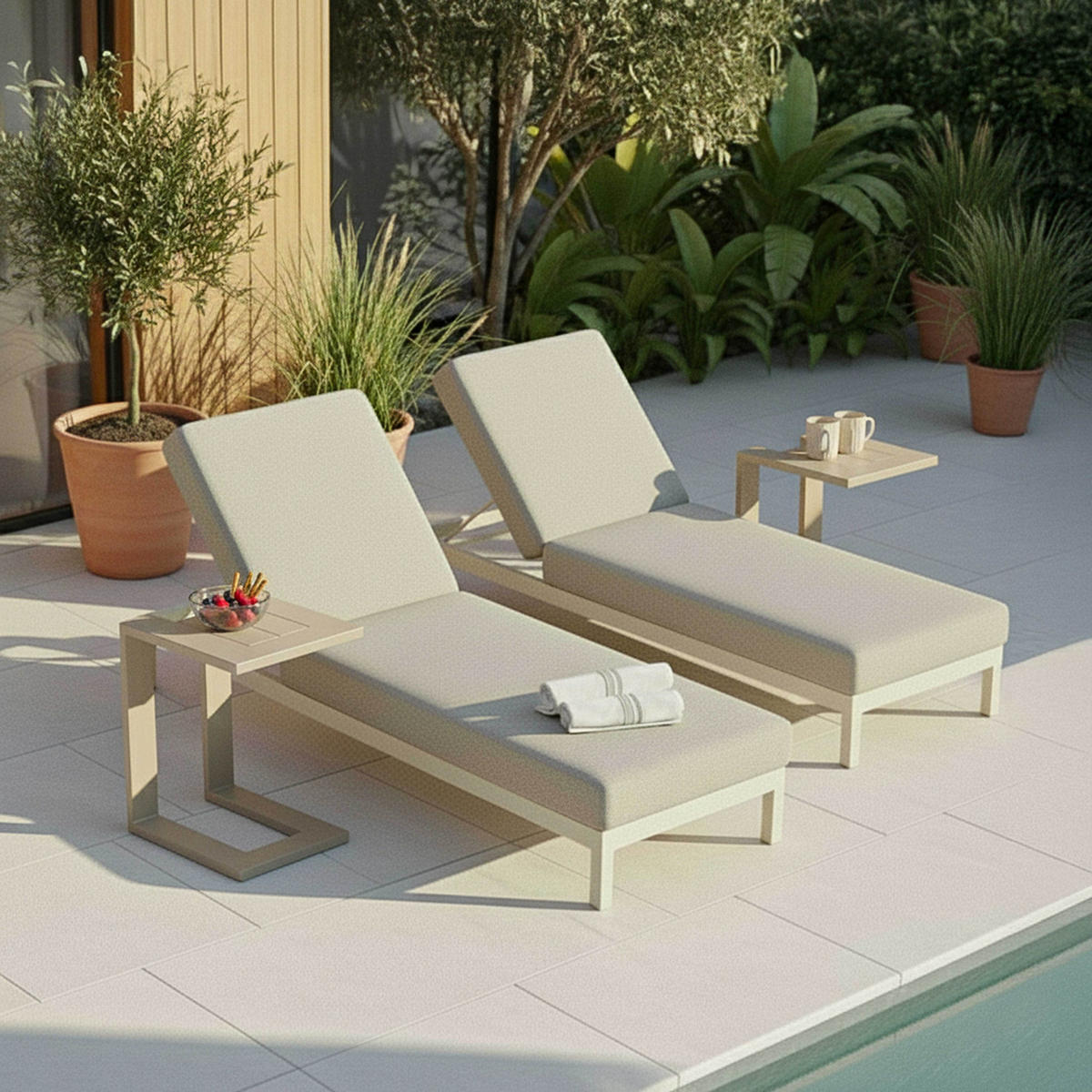 SONNNENLIEGE 2-tlg., Beige - Beige, Metall (75/74/202cm) - Oviala