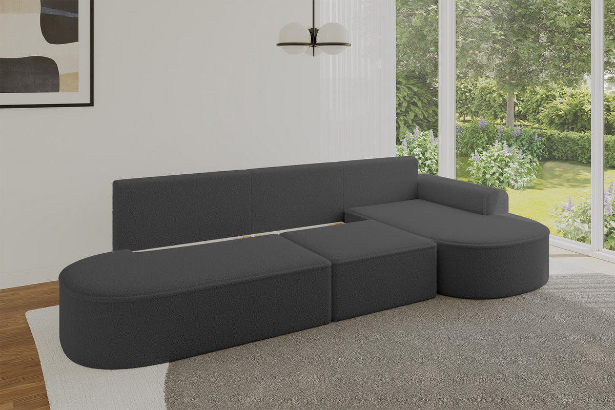 ECKSOFA mit Schlaffunktion Ottomane RECHTS MARI L2-S 368X167X85 Grau Bouclé - Schwarz/Grau, Holzwerkstoff/Kunststoff (167/368cm) - ALTDECOR