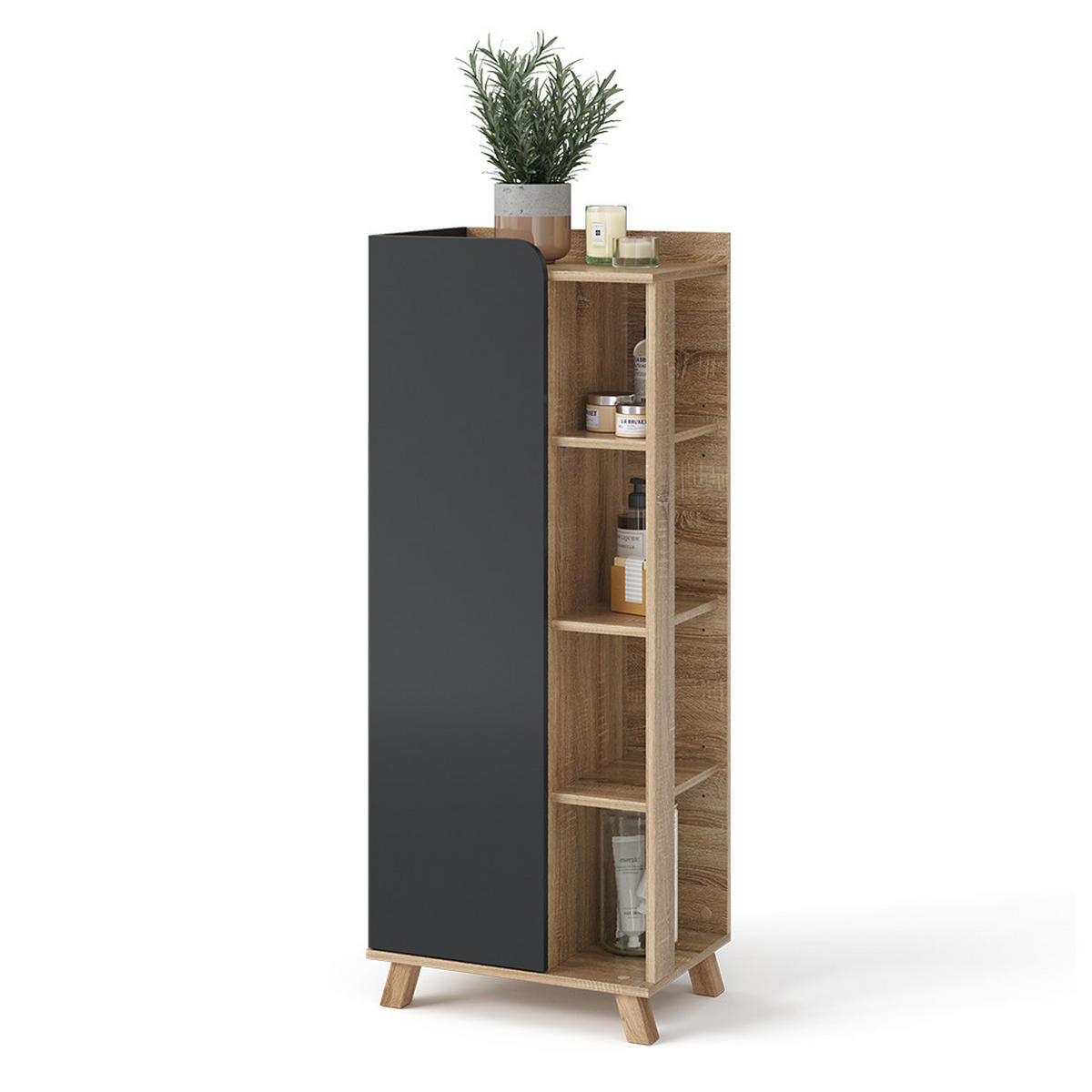 MIDISCHRANK Karen Anthrazit 50 x 128 cm mit Tür und offenen Fächern - Anthrazit/Sonoma Eiche, Holzwerkstoff (50/128/35cm) - Vicco
