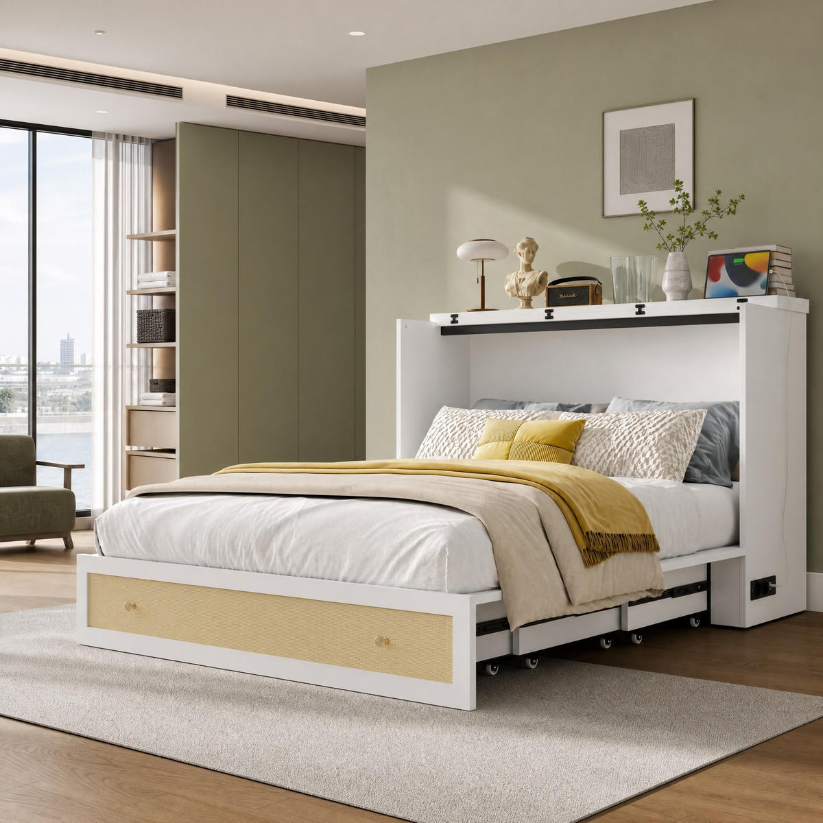 SCHRANKBETT 140/200 mit Schubladen, Regal, USB, Steckdose und umbaubarem Design in Weiß - Weiß, Holzwerkstoff (140/200cm) - EVRYAE