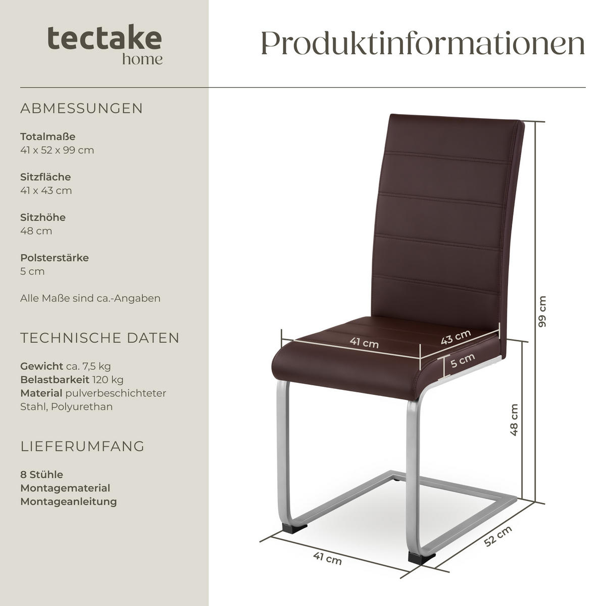 SCHWINGSTUHL 8er Set Bettina 41 x 52 x 99 cm braun - Braun, Textil (52/99/41cm) - tectake