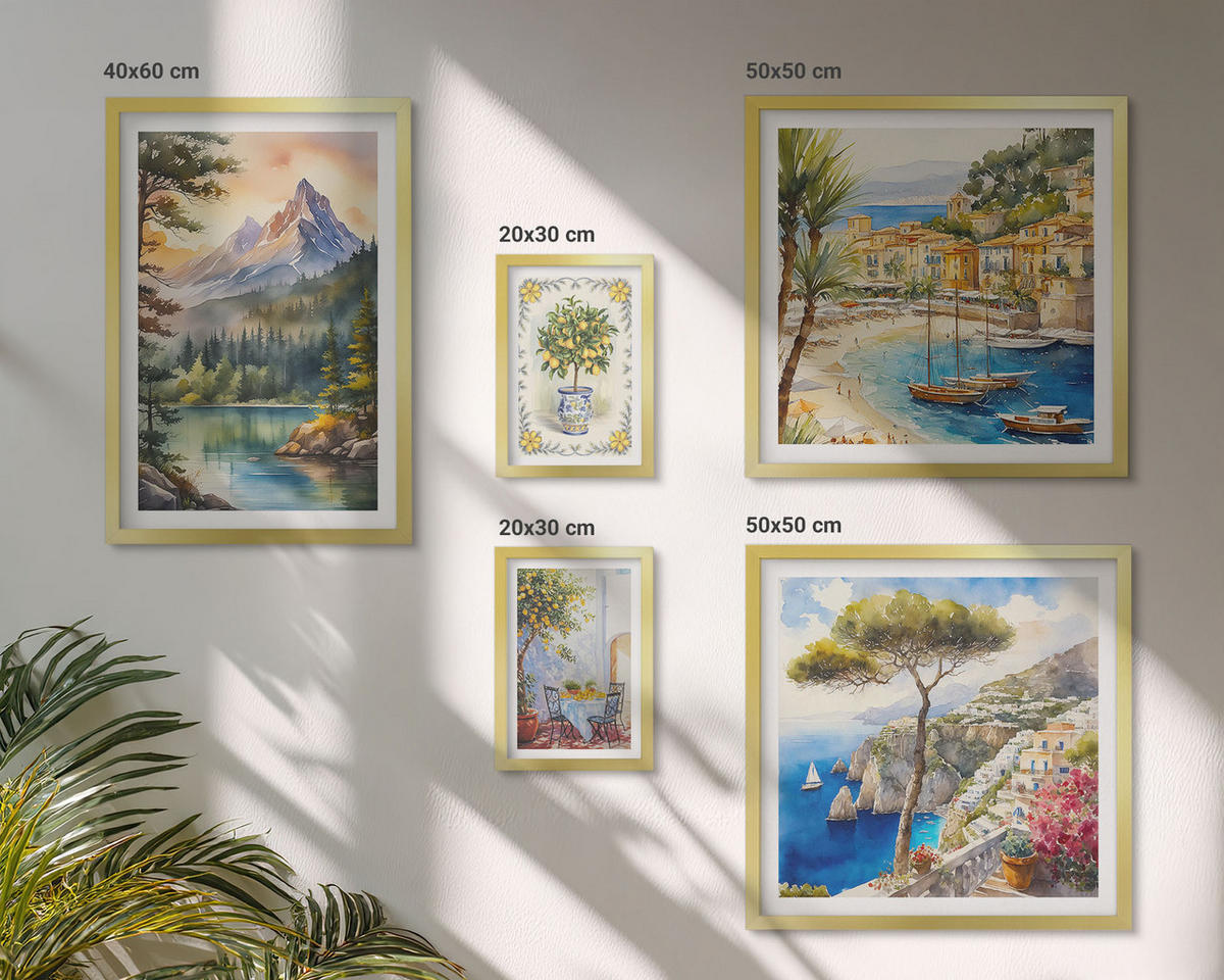 BILDER SET 5er Set - 50x50 cm & 20x30 cm & 40x60 cm Goldrahmen - Zitrusfrüchte aus Italien - Goldfarben, Kunststoff (40/60cm) - TULUP