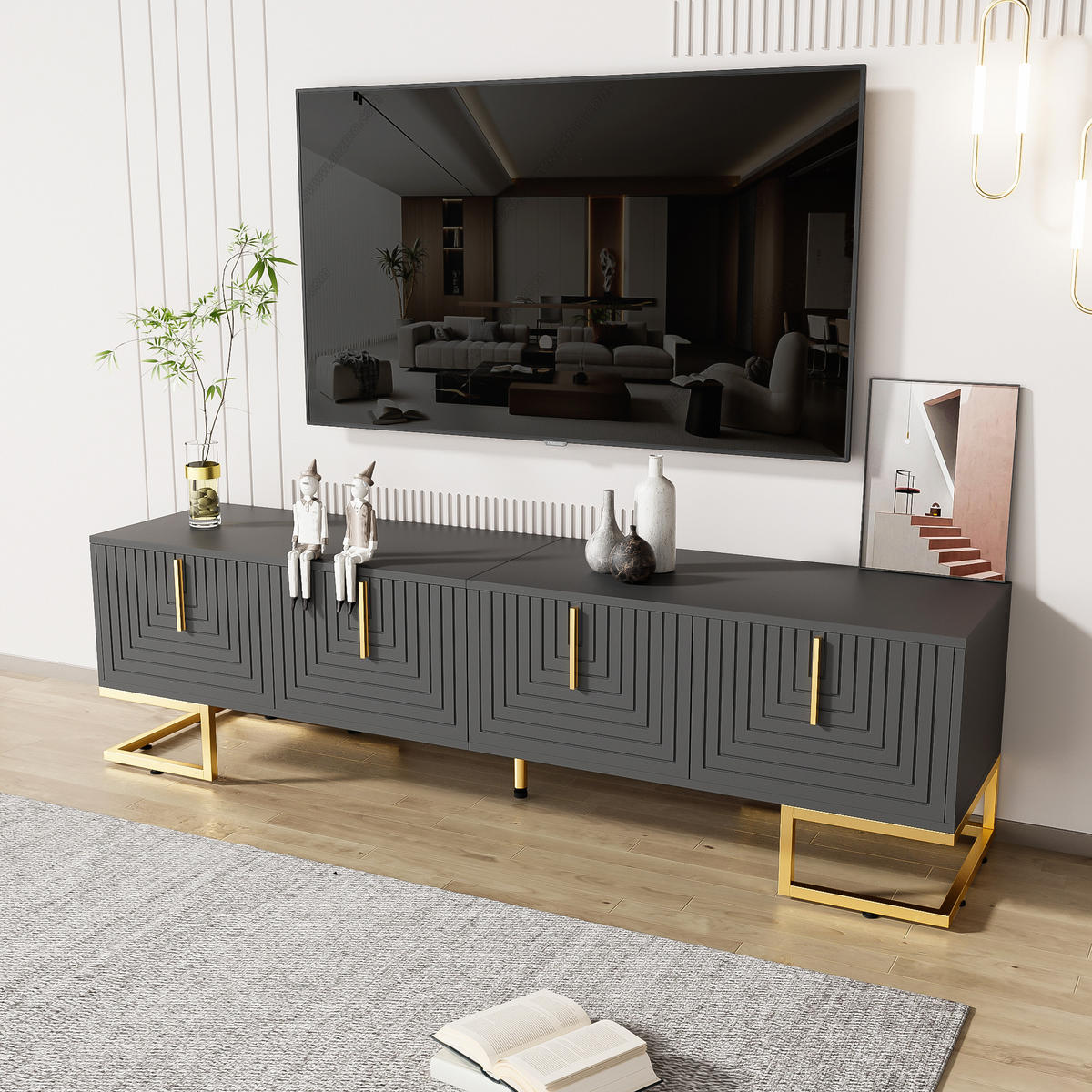 TV-ELEMENT 170/40/45.5 cm Grau mit strukturierter Tür, goldenen Griffen und goldenen Füßen - Grau, Holz (170/45.5/40cm) - Oxeza