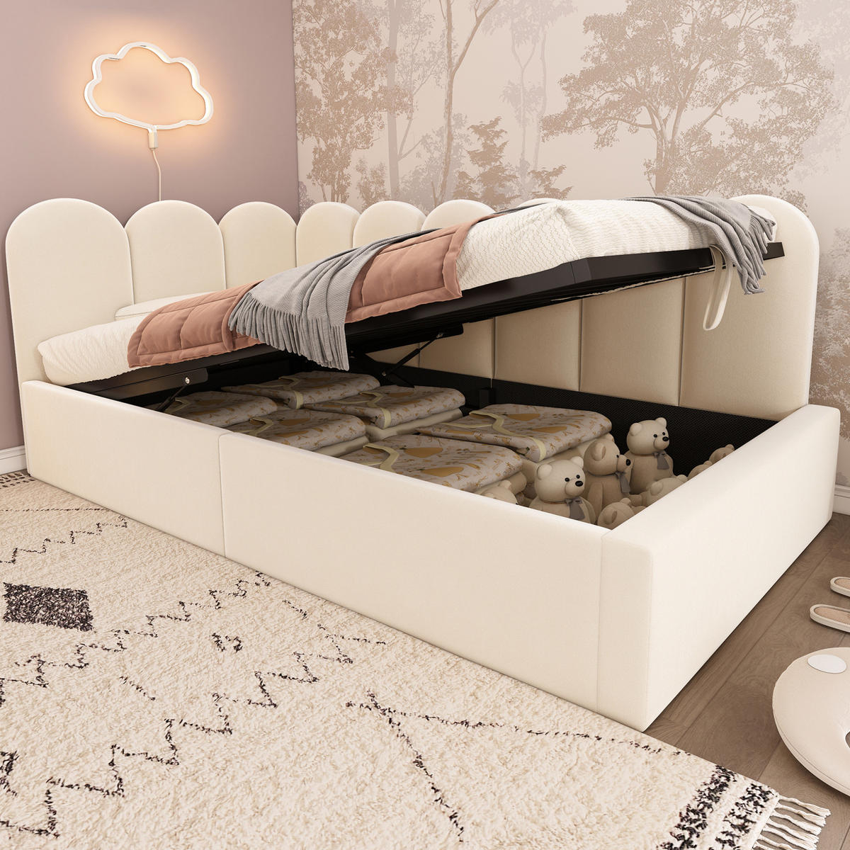 KINDERBETT 90/190 cm mit Stauraum, Samtbezug und Metall-Lattenrost in Beige - Beige, Textil (90/190cm) - BEAOK