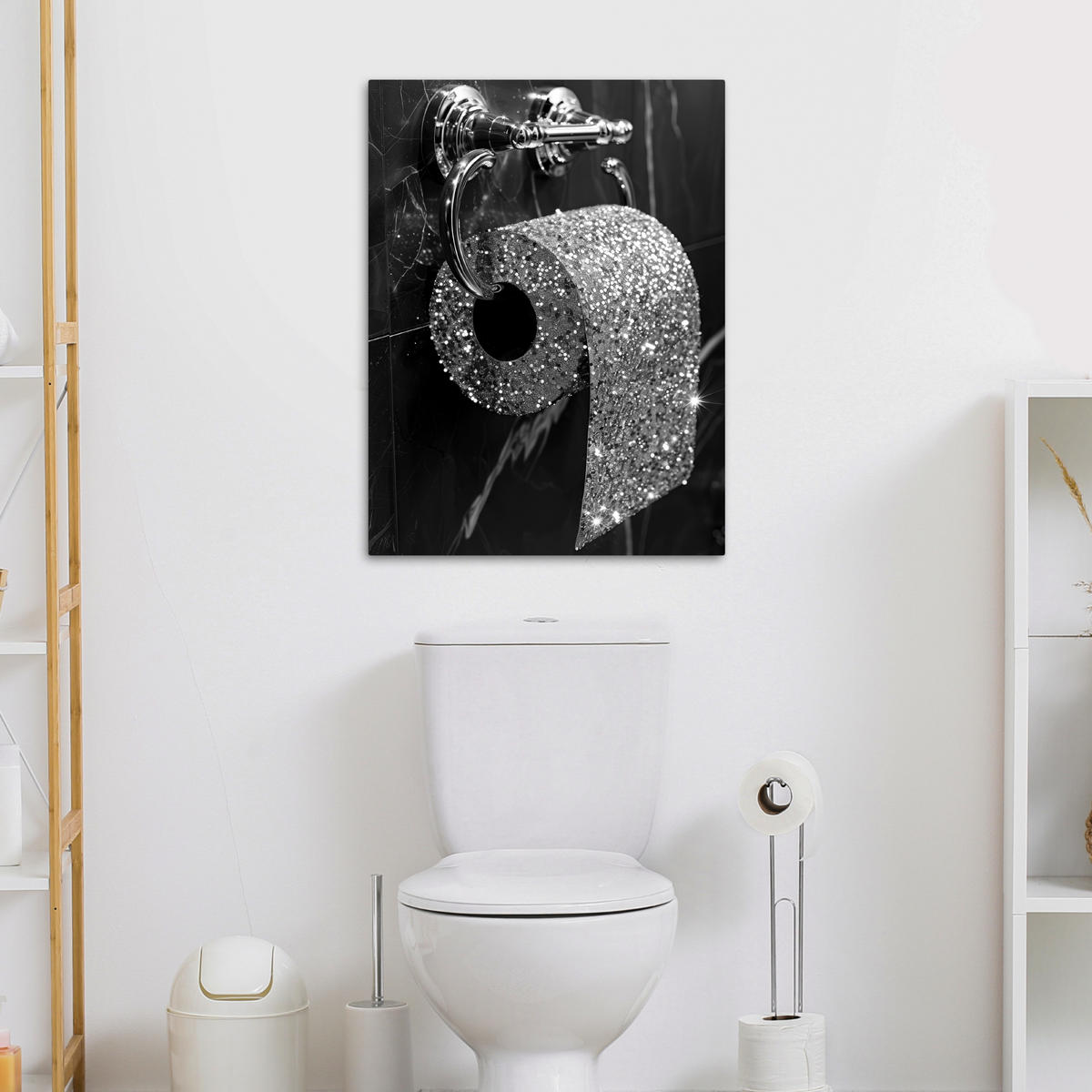 LEINWANDBILD WC - Toilettenpapier - Schwarz und weiß - Glitter 60x80 cm - Silberfarben, Textil (60/80cm) - MuchoWow