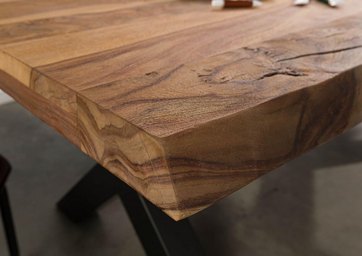 BAUMTISCH Sheesham 260x100x77 natur sandgestrahlt / X-Beine anthrazit matt FREEFORM 5 - Anthrazit/Naturfarben, Holz (260/100/77cm) - Massivmoebel24