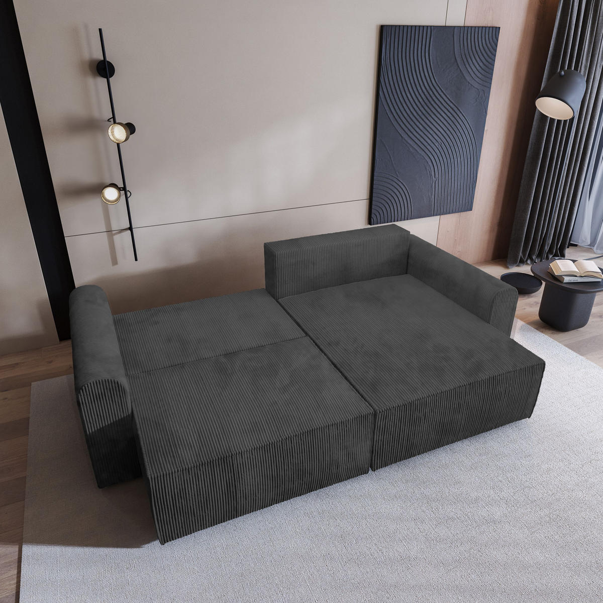 ECKSOFA FIANO P Graphitfarben Kordstoff mit Schlaffunktion - Graphitfarben, Holz (245/148cm) - MASSENO