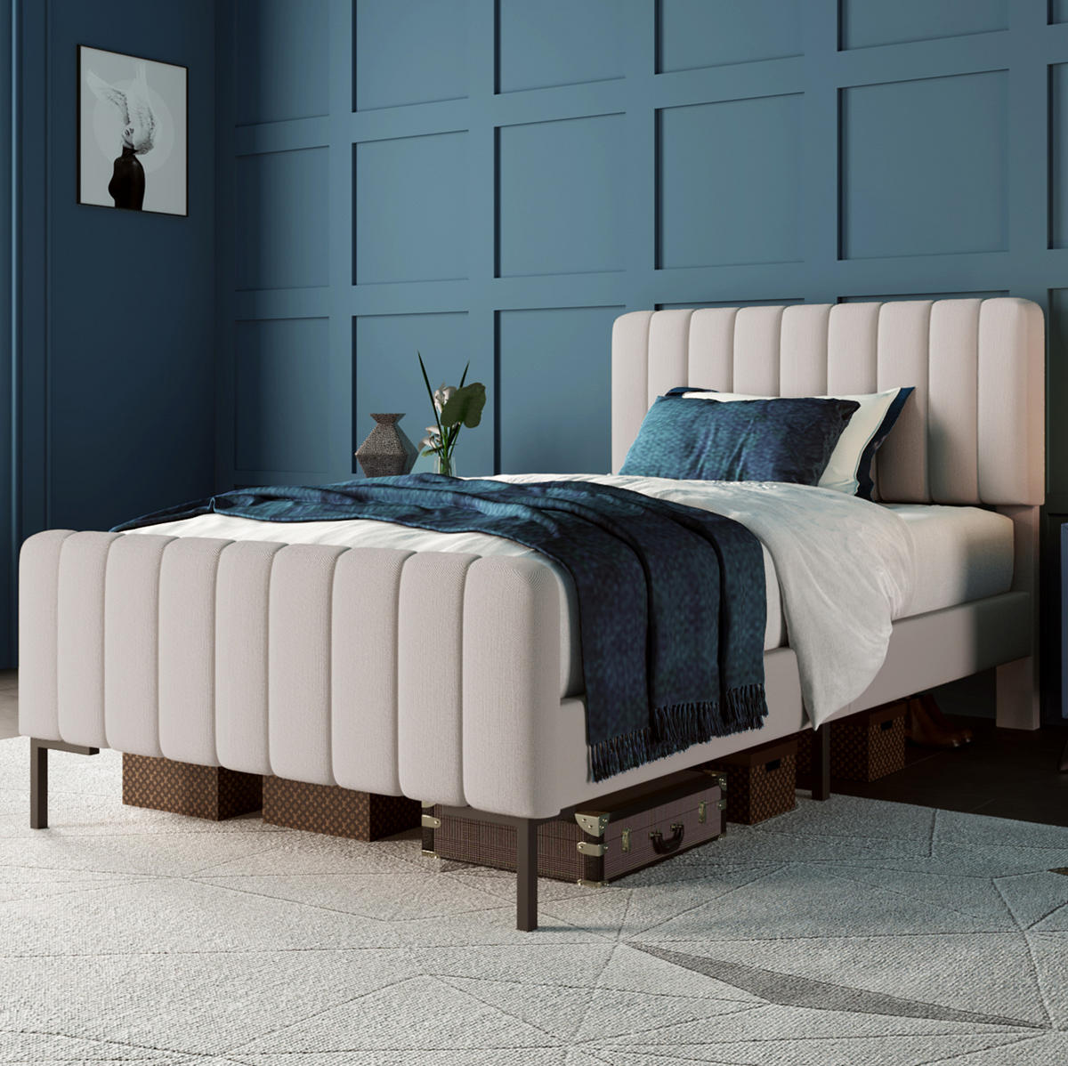 BETT mit verstellbarem Kopfteil 90x200 cm Leinen Grau-Beige - Grau, Metall (90/200cm) - Meubliv