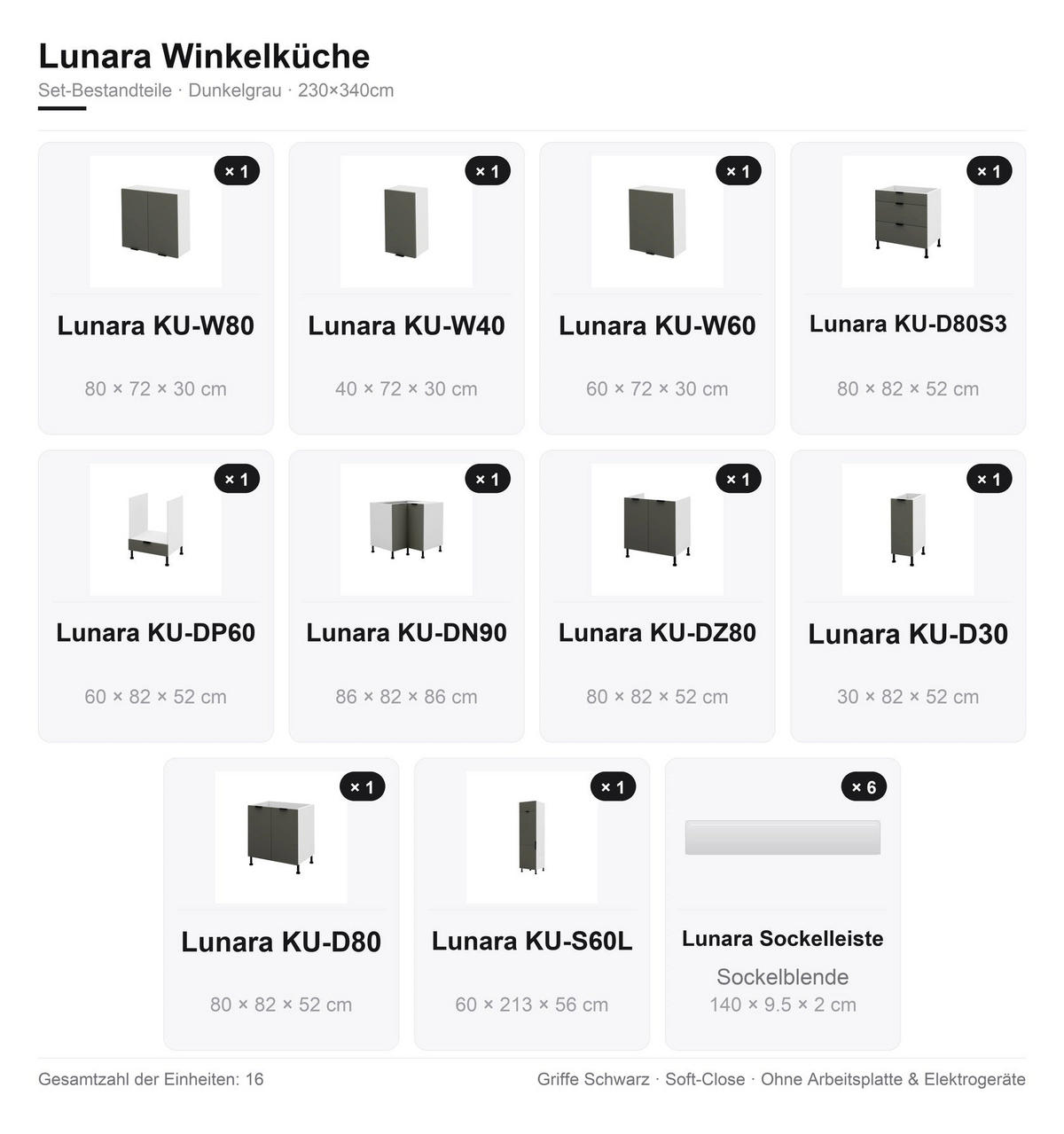 ECKKÜCHE – 340 cm – KU-S63 – Lunara – Dunkelgrau – ohne E-Geräte - Dunkelgrau/Schwarz, Holzwerkstoff/Metall (340/213/56cm) - hi-markt