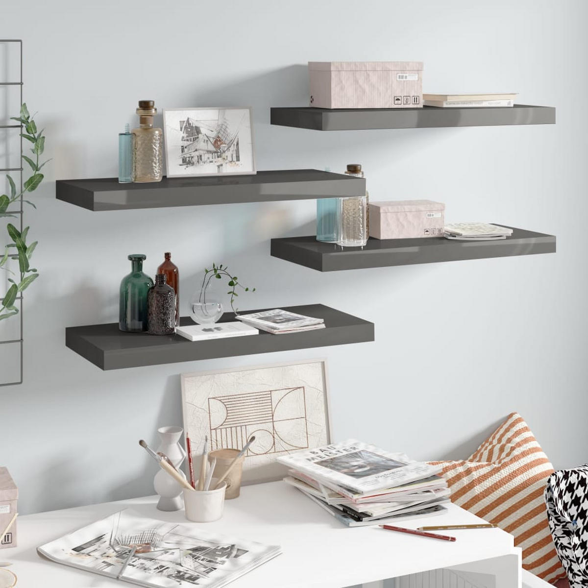 SCHWEBEREGALE 4 Stk. Hochglanz-Grau 60x23,5x3,8 cm MDF - Grau, Holzwerkstoff (23.5/3.8/23.5cm) - furnicato