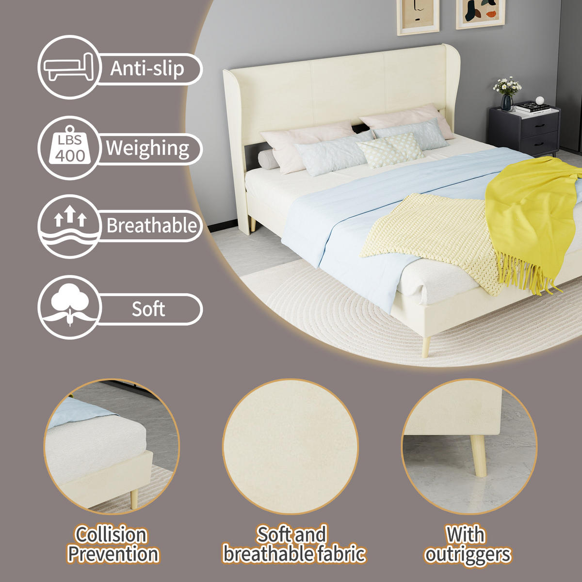 POLSTERBETT 160/200 cm DE-35481 mit Kopfteil Beige - Beige, Metall (160/200cm) - ComfortXL