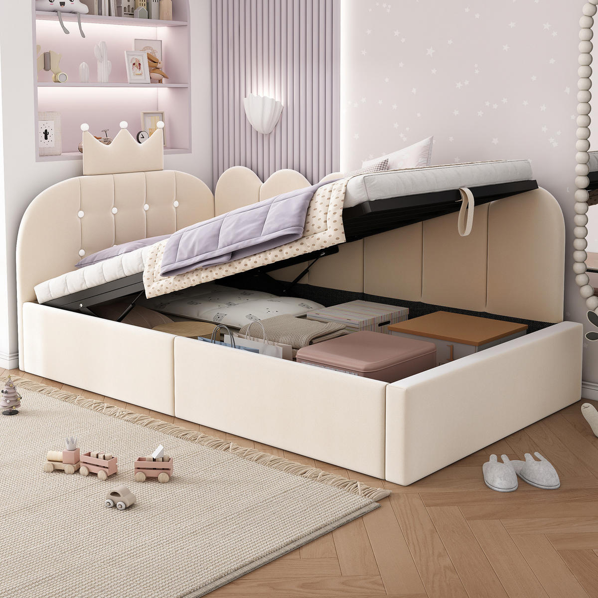 SAMT-POLSTERBETT 90/200 cm mit Bettkasten und gepolstertem Kopfteil in Beige - Beige, Textil (90/200cm) - BEAOK