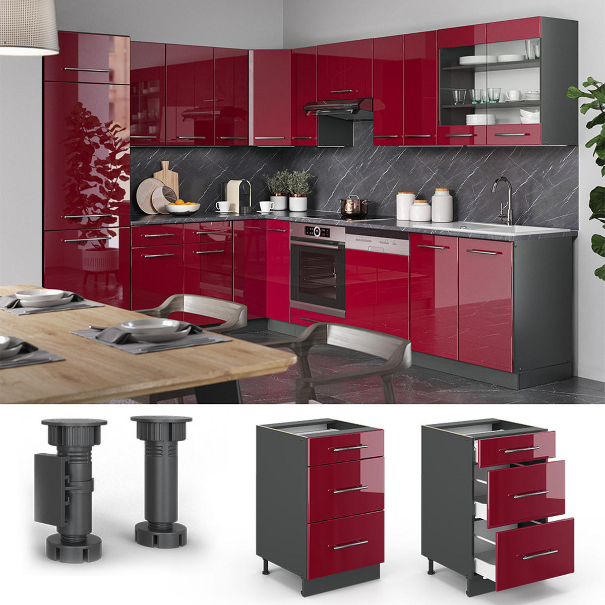SCHUBLADENSCHRANK Fame-Line Bordeaux Hochglanz 50 cm ohne AP - Bordeaux/Anthrazit, Holzwerkstoff (50/82/51.6cm) - Vicco