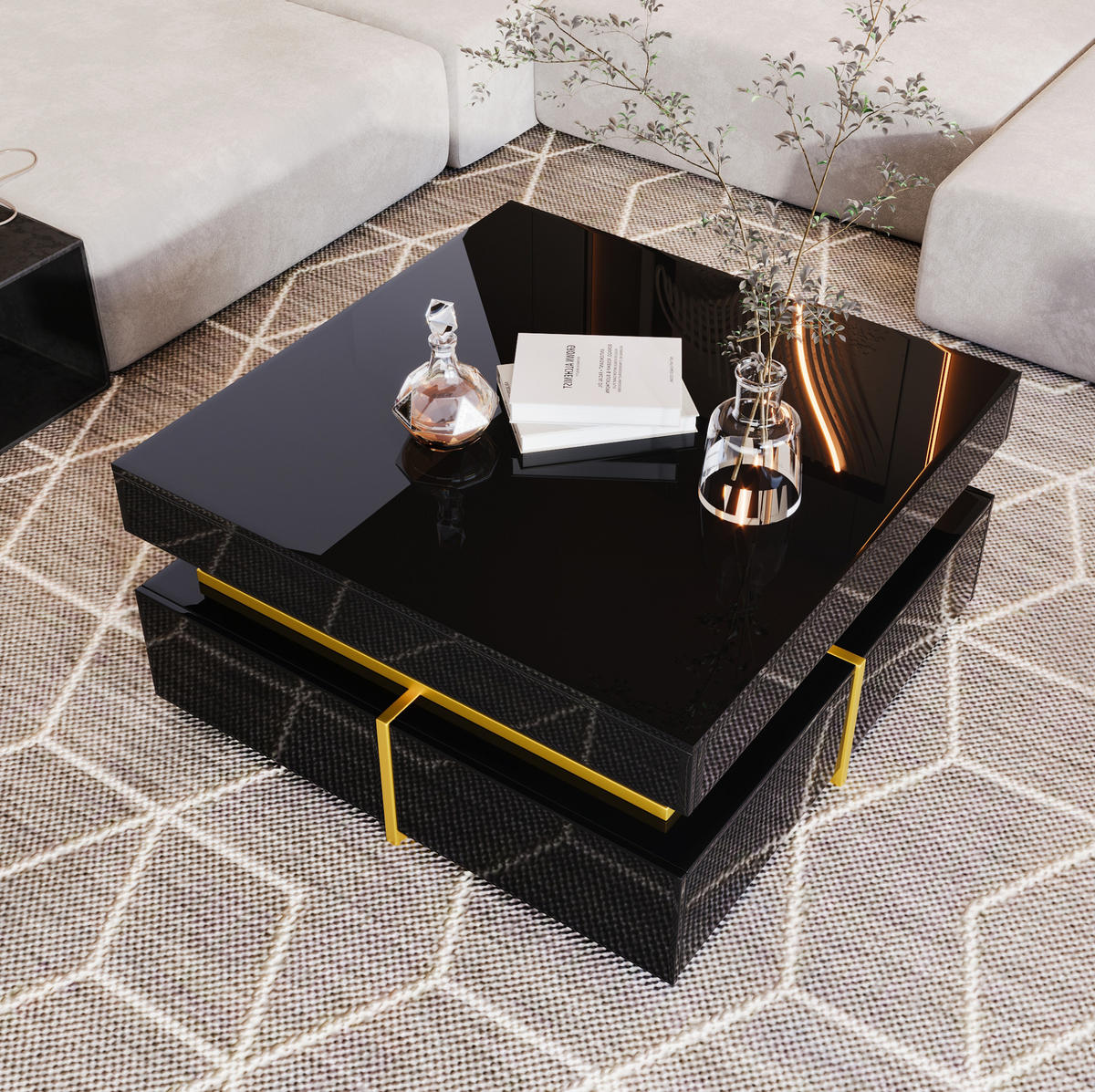COUCHTISCH 70/70/35,5 cm mit 2 Schubladen, Hochglanz und goldfarbenen Akzenten, Schwarz - Schwarz, Holzwerkstoff (70/70/35.5cm) - Redom