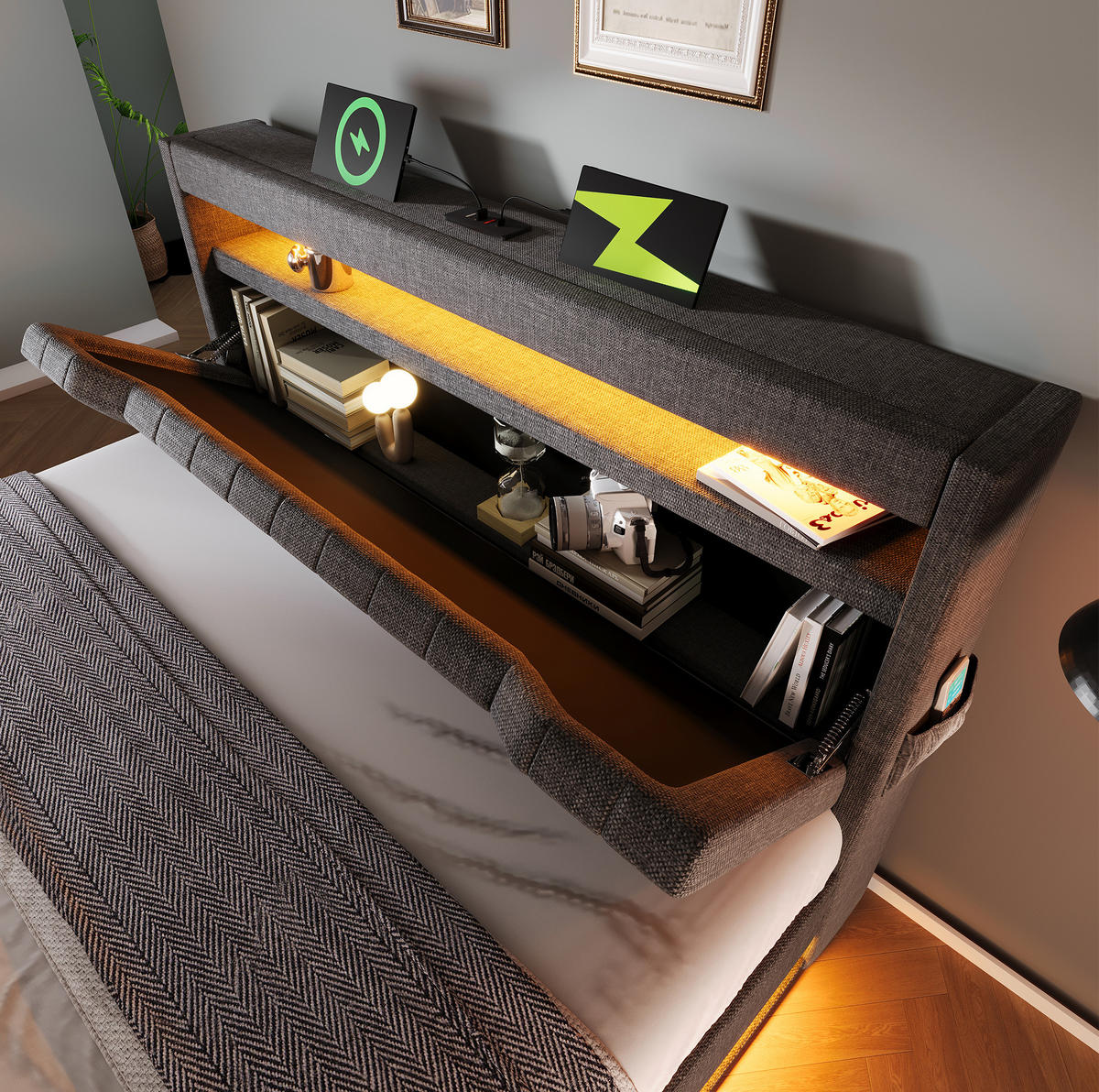 POLSTERBETT 160/200 cm Grau aus Leinen mit LED und Stauraum - Grau, Textil (160/200cm) - OKMYHOME