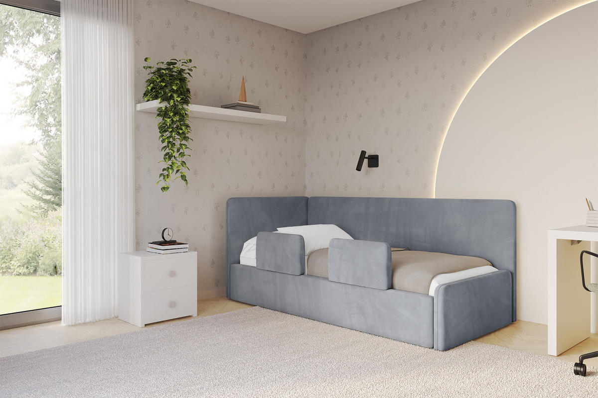EINZELLBETT Jugendbett mit Bettkasten, Rechts - NORY 100x200 Grau - Blaugrau, Holzwerkstoff/Textil (100/200cm) - ALTDECOR