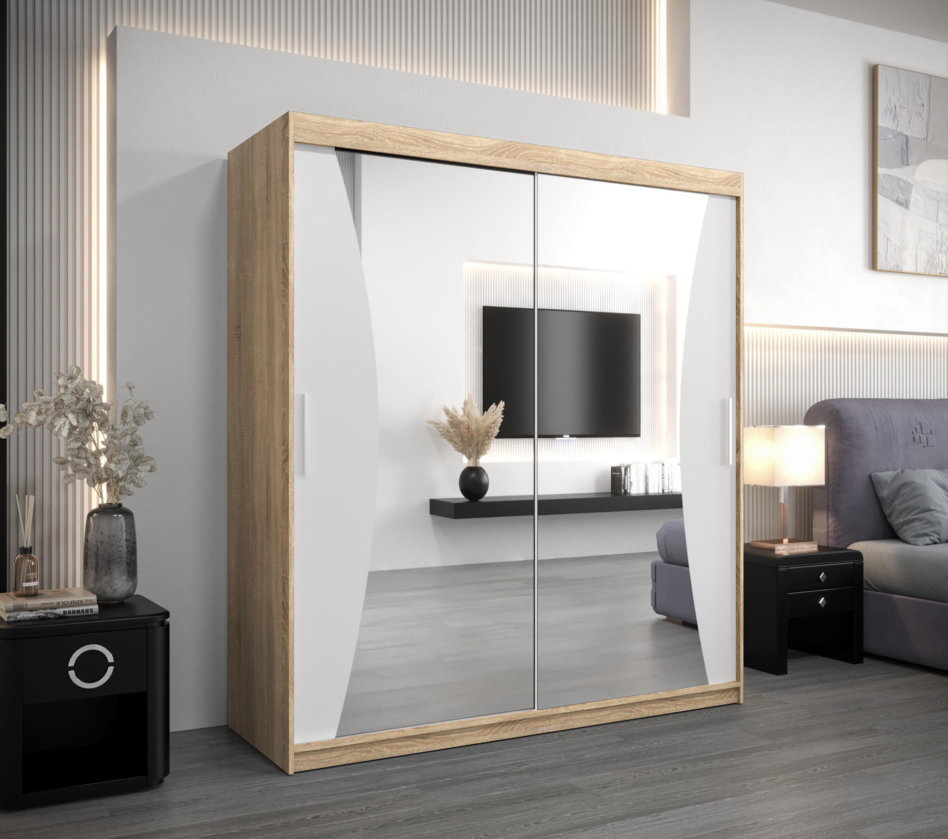 SCHWEBETÜRENSCHRANK 200/180/62 2-türig - Silberfarben/Weiß, Holz/Kunststoff (180/200/62cm) - Abiks Möbel