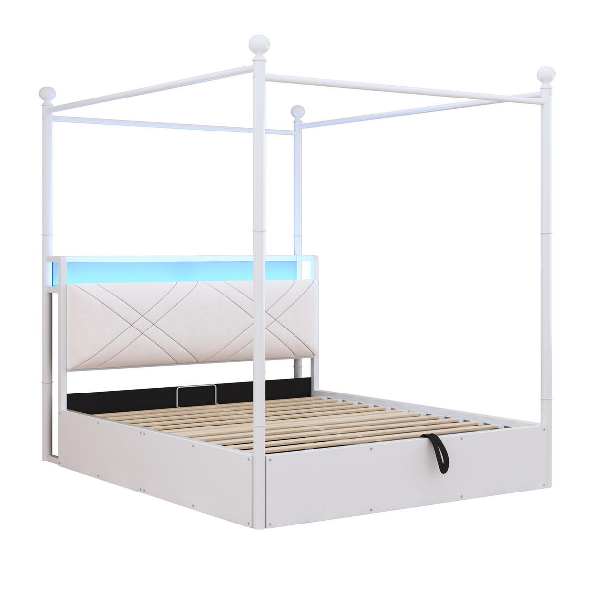 POSTEĽ s baldachýnom 140/190 cm biela s úložným priestorom, LED a USB/Type-C z kovu - biela, kov (140/190cm) - OKWISH