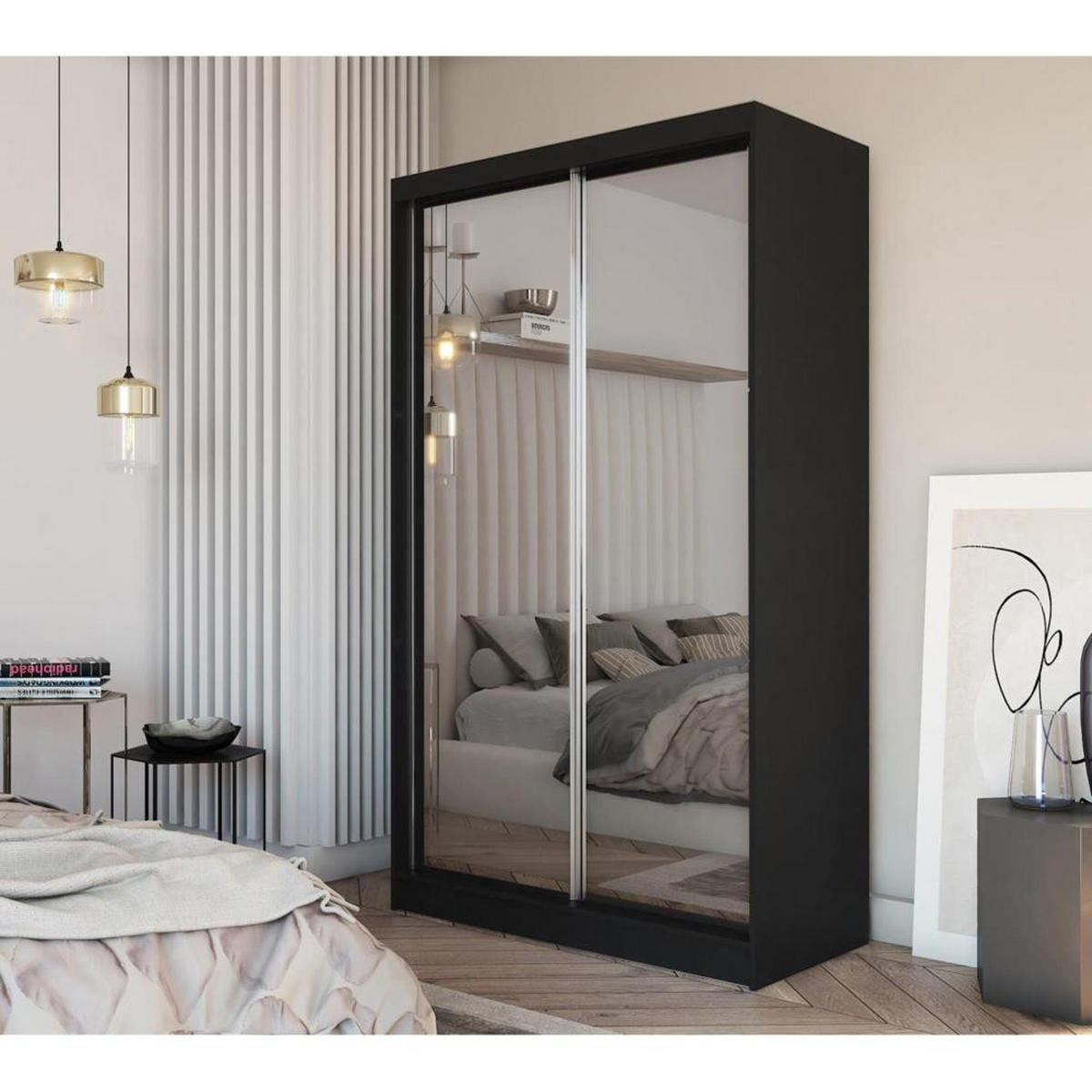 SCHWEBETÜRENSCHRANK Debra 120/216/61 schwarz mit Spiegel - Schwarz, Holzwerkstoff (120/216/61cm) - Beautysofa