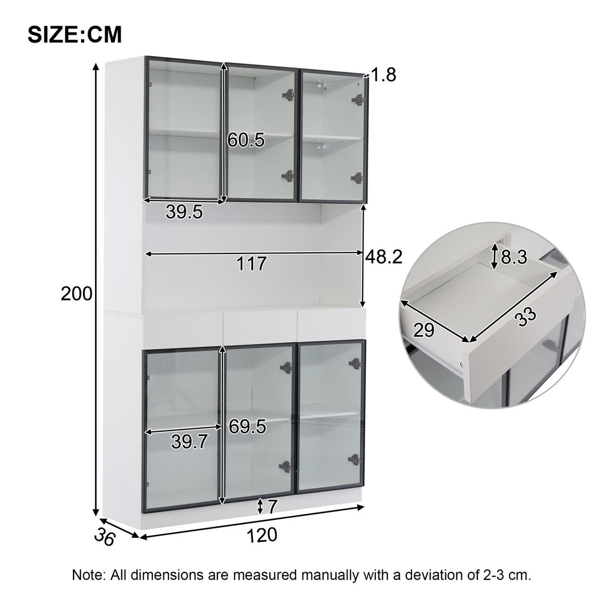 VITRINENSCHRANK mit LED 240 x 200 cm Weiß mit schwarzem Aluminiumrahmen - Weiß, Holzwerkstoff (240/200/36cm) - Beauniv
