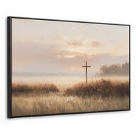 LEINWAND Bilder mit Rahmen - Gras - Morgennebel - Kreuz - Christentum - 90x60 - Beige, Textil (90/60cm) - MuchoWow