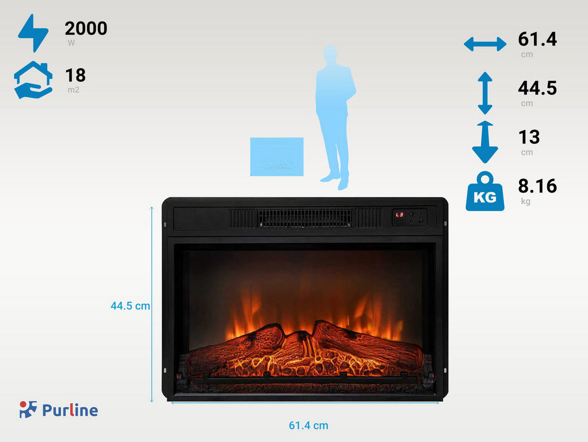ELEKTROKAMIN Schwarz Wandmodell mit Heizung 2000 W - Schwarz, Glas (61/45/13cm) - Purline