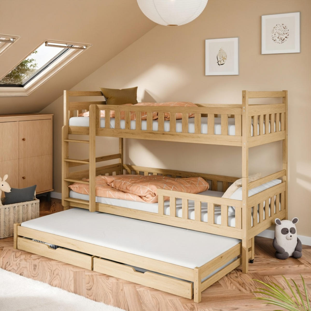 ETAGENBETT mit drei Matratzen Schubladen und Ausziehbett 90x200 in natur - Naturfarben, Holz (90/200cm) - Kids Collective