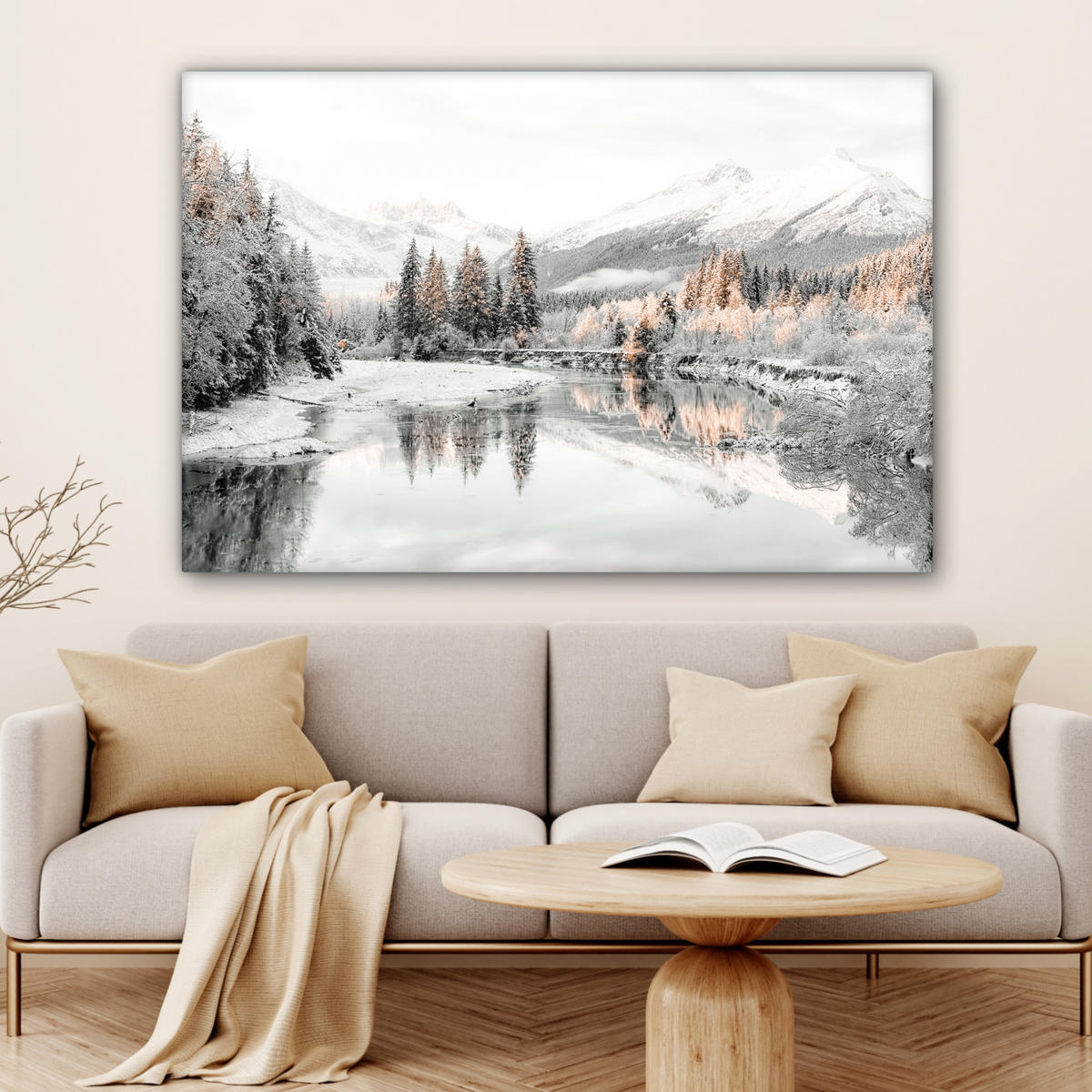 LEINWANDBILD Natur - Winter - Bäume - Berge - Schnee Wohnzimmer 120x80 cm - Weiß Hochglanz, Textil (120/80cm) - MuchoWow