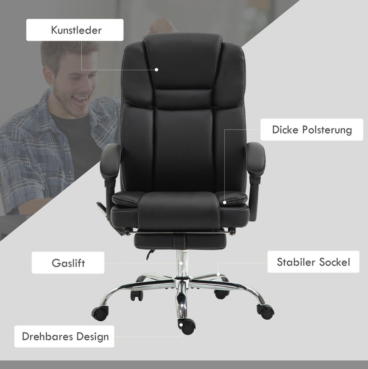 BÜROSTUHL mit Massage und Fußstütze höhenverstellbar Schwarz - Schwarz, Kunststoff (67/126/66cm) - Meubliv