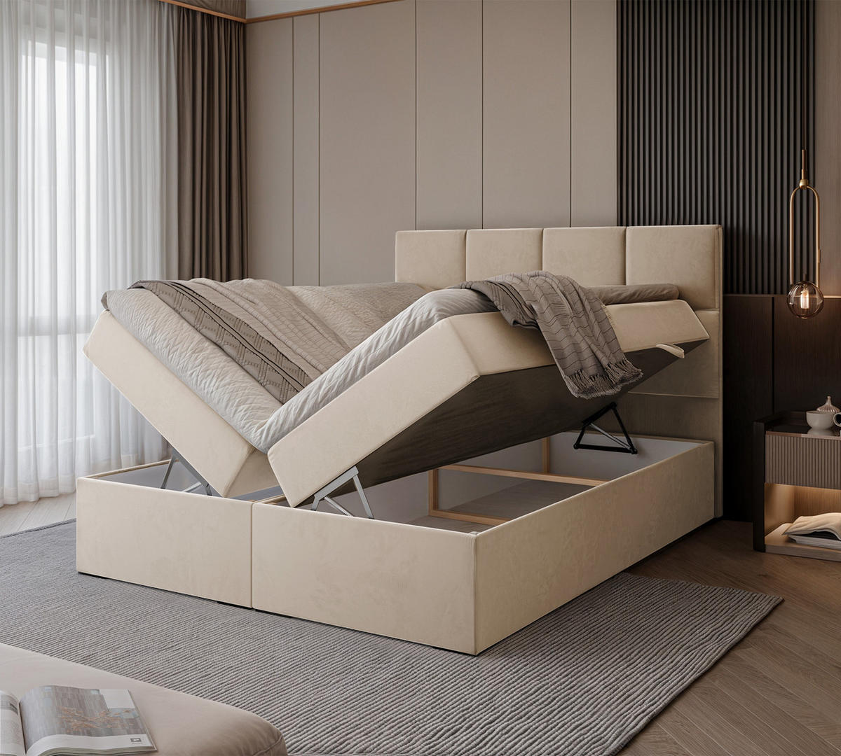 BOXBETT MAGNUS 160/200 cm mit Matratze und Topper, Hellbeige - Beige, Textil (160/200cm) - Idohome