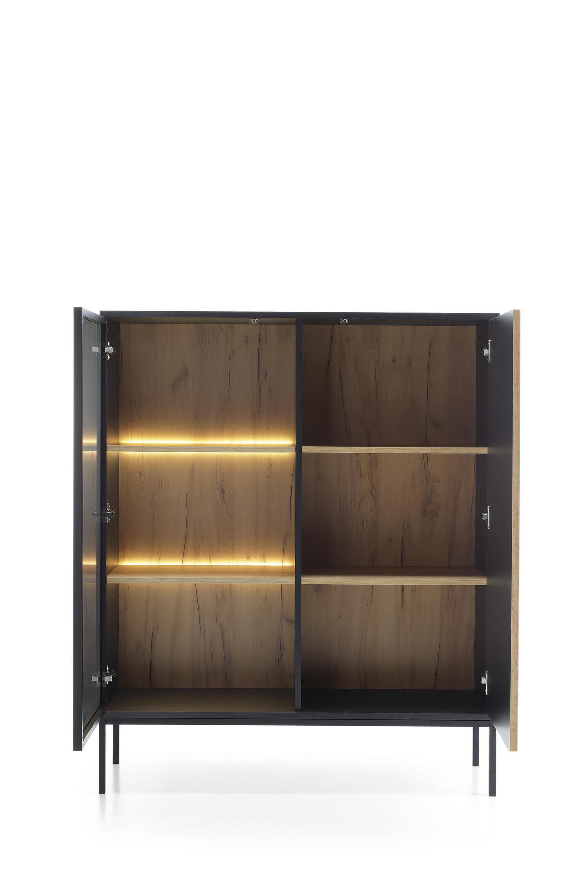 VITRINE Sentino Schwarz, Zweitürige Glasvitrine mit LED - Eiche Wotan/Schwarz, Holzwerkstoff/Metall (104/126/39cm) - Bettso