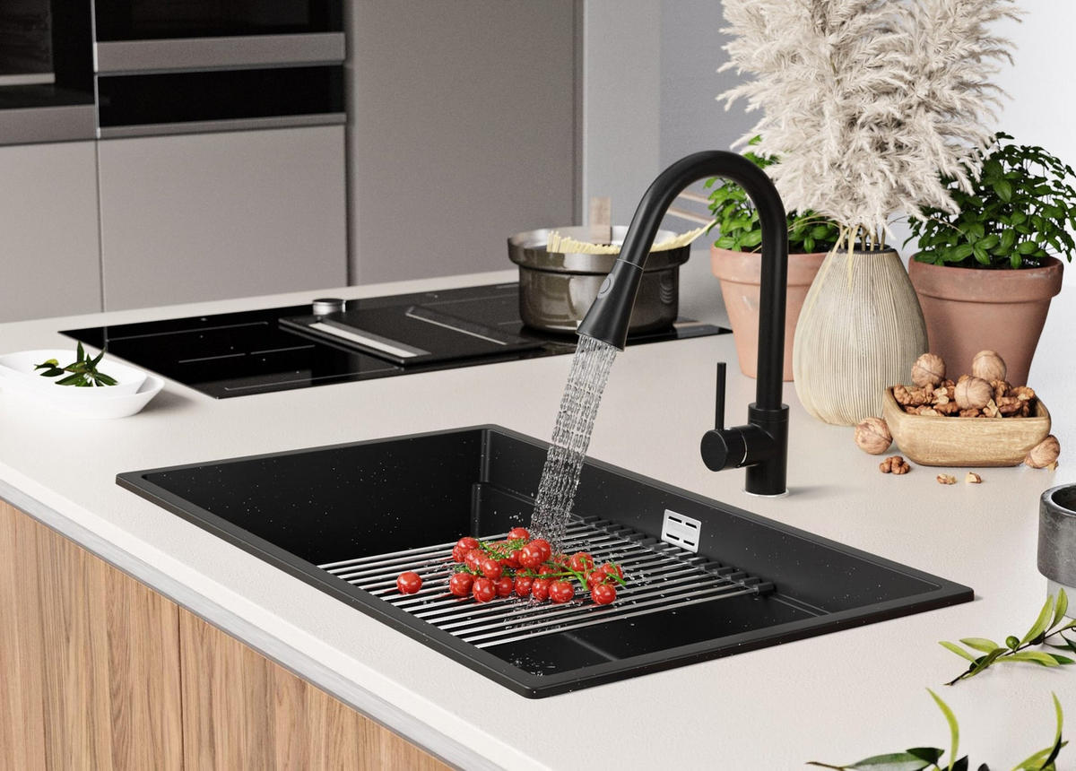 SPÜLBECKEN Praga Slim, 2-er set Schwarz Metallic 76/47 cm 1 Becken + Ablauf-Set + Aufrollbare Abtropffläche ab 80er Unterschrank - Chromfarben/Schwarz Hochglanz, Kunststoff (76/20/47cm) - Primagran