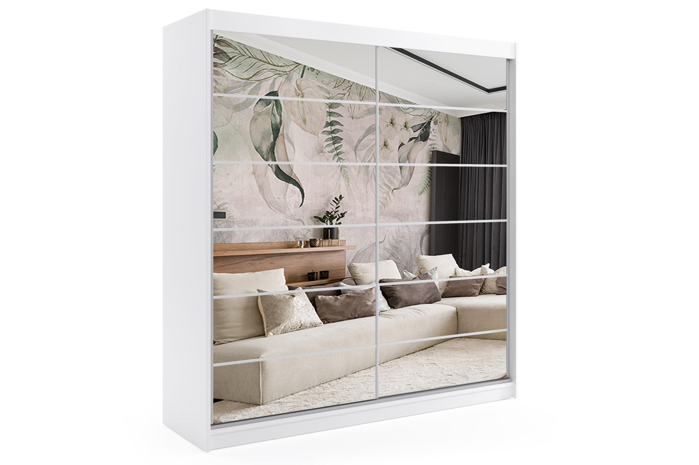 KLEIDERSCHRANK mit Spiegel-Schiebetüren und Aluminium-Leisten, LED-Beleuchtung - FLORA - 200 cm Weiß - Weiß, Holzwerkstoff (200/216/61cm) - ALTDECOR