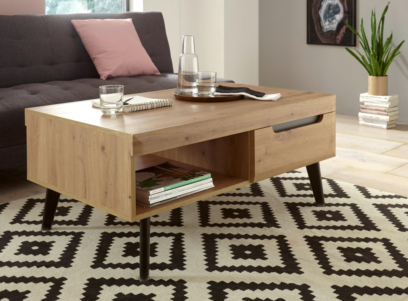COUCHTISCH Artisan Eiche schwarz, Beistelltisch skandinavisch, 107 x 67 cm - Schwarz/Eiche Artisan, Holzwerkstoff (107/67/46cm) - Furn.Design