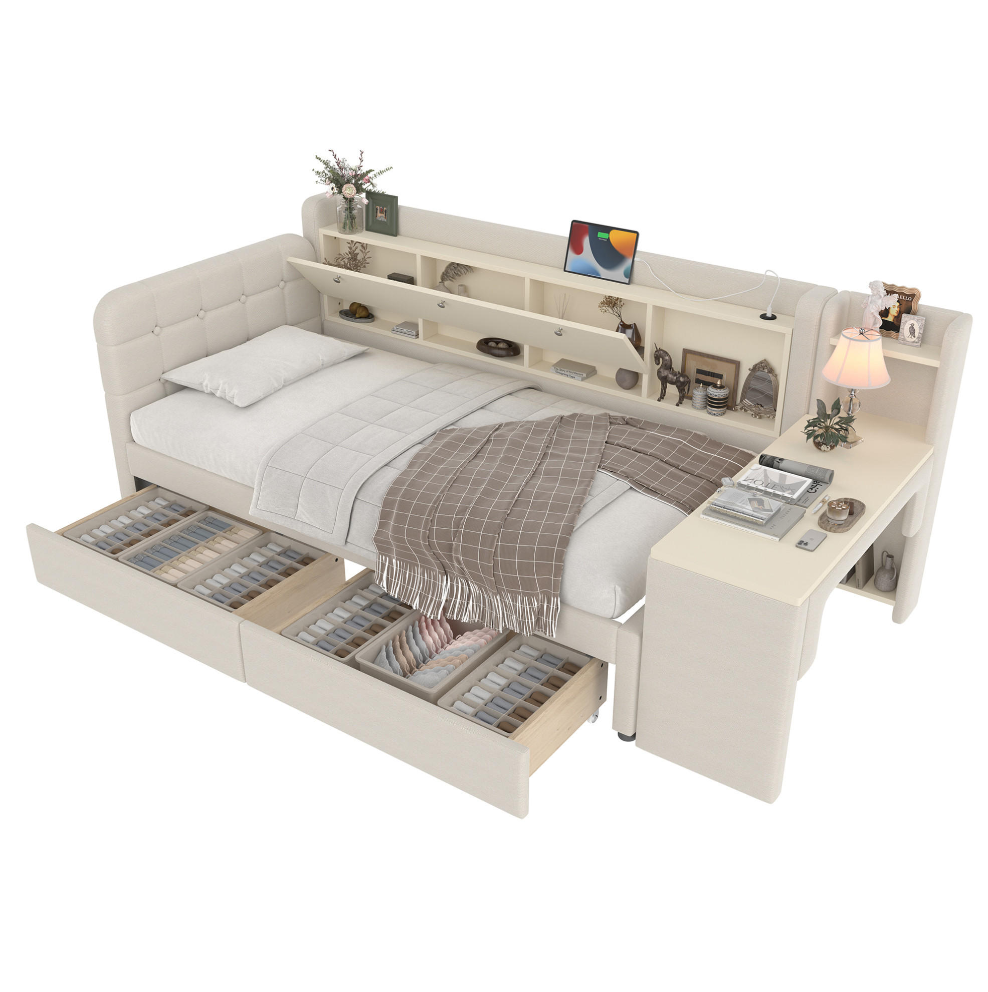 POLSTERBETT 90/200 cm in Beige mit Schreibtisch, 2 Schubladen und USB - Beige, Textil (90/200cm) - Flora Grace