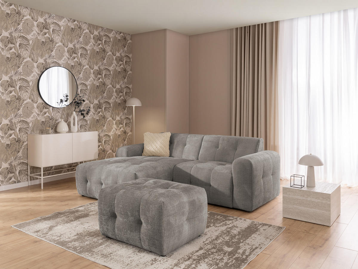 ECKSOFA inkl. Hocker Kozy im Bumpy-Design mit Schlaffunktion und fester Rückenlehne aus weichem Taupe Chenille-Stoff - Ottomane links - Taupe/Schwarz, Holz/Kunststoff (161/234cm) - S-Style Möbel