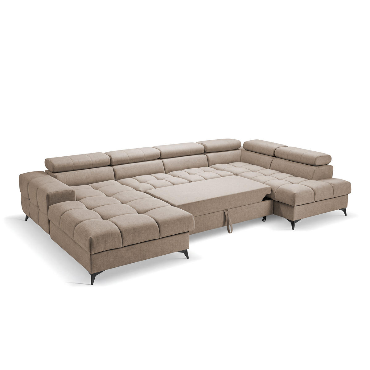 ECKSOFA PUDDING U Links mit Schlaffunktion 125x260 Velours Beige - Beige/Schwarz, Holz/Textil (203/350cm) - Muffo