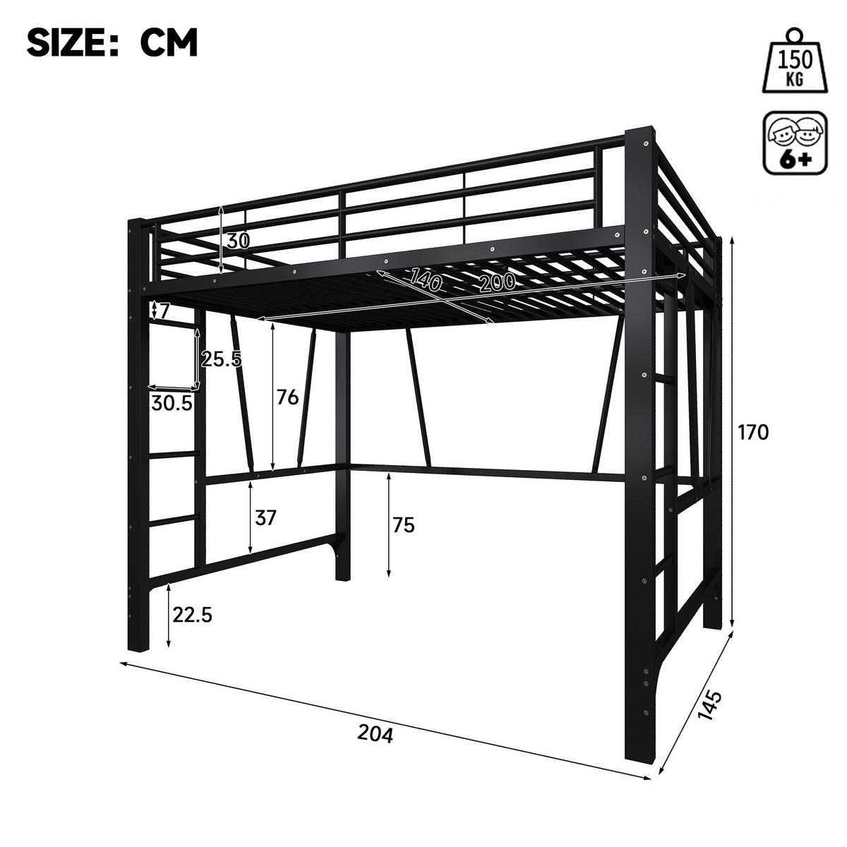 HOCHBETT 140/200 cm in Schwarz mit Doppelleiter, Schutzgeländern und offenem Raum unter dem Bett aus Metall - Schwarz, Metall (140/200cm) - STILVORA