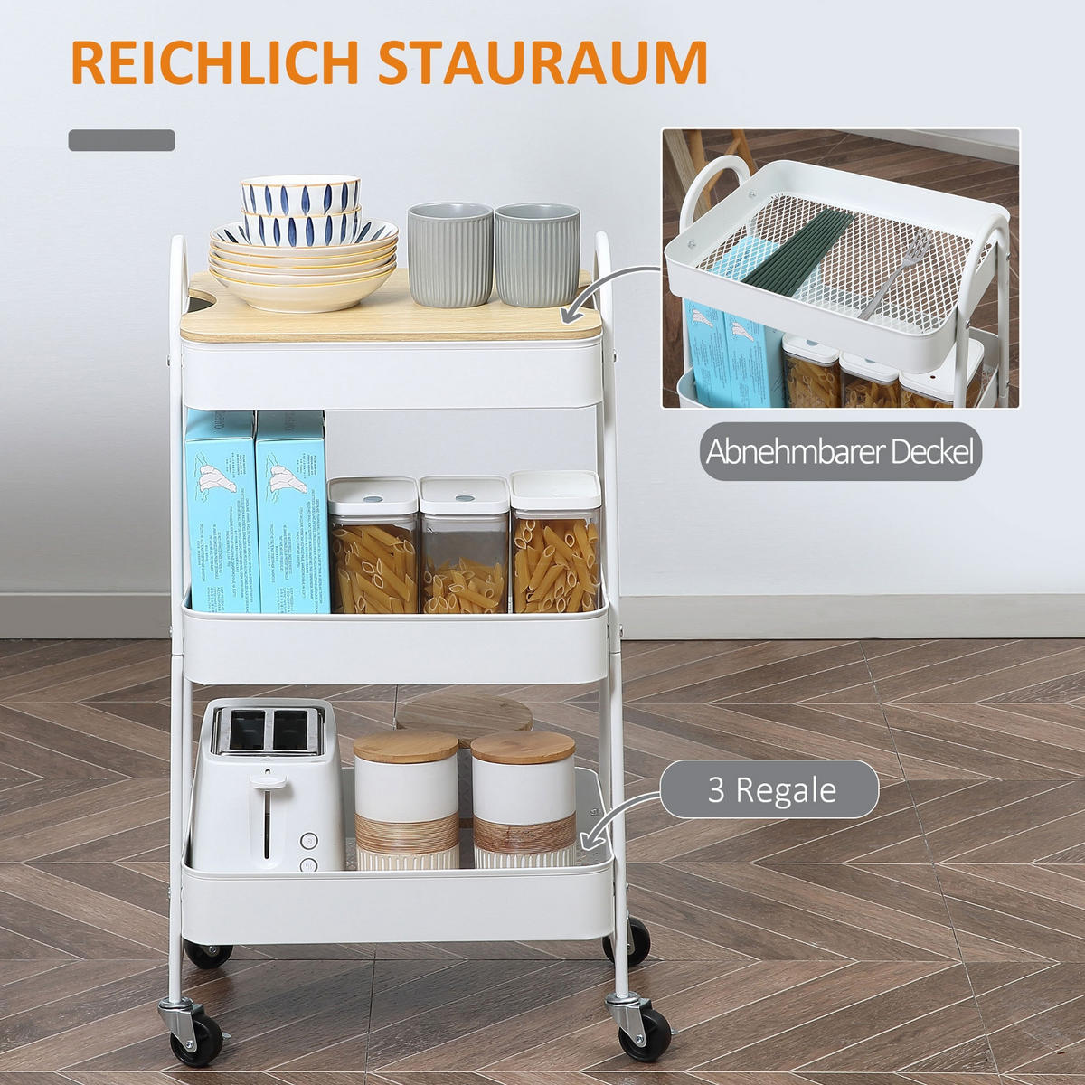 KÜCHENWAGEN 3 ETAGEN MIT DECKEL, Metallrollwagen weiß, für Küche und Büro, 45/31/79,4 cm - Weiß, Holzwerkstoff (31/79.4/45cm) - Rolipo