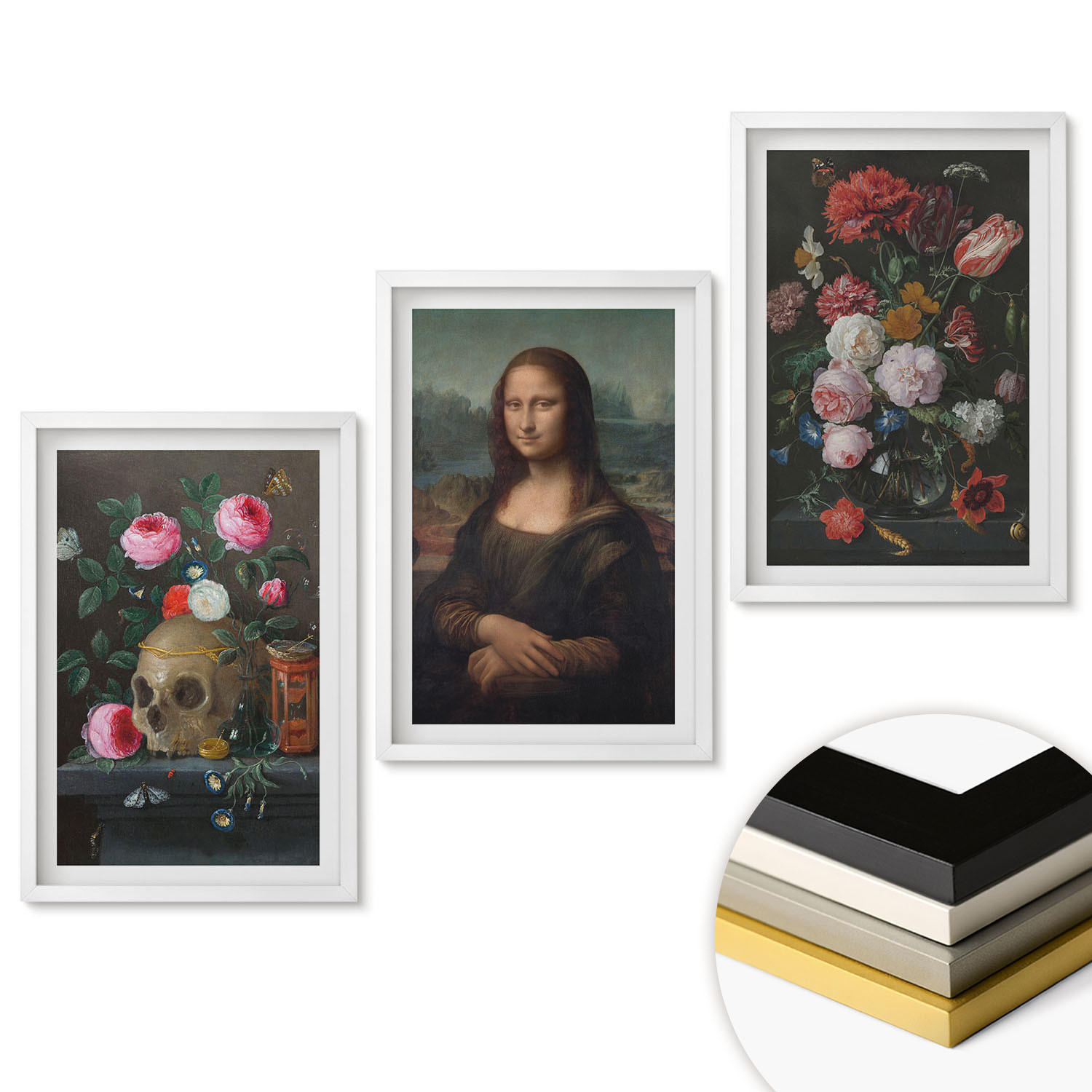 WANDBILDER 3er-Set - 40x60 cm Weißer Rahmen - Blumenschädel-Porträt Mona Lisa - Weiß, Kunststoff (40/60cm) - ArtPrintCave