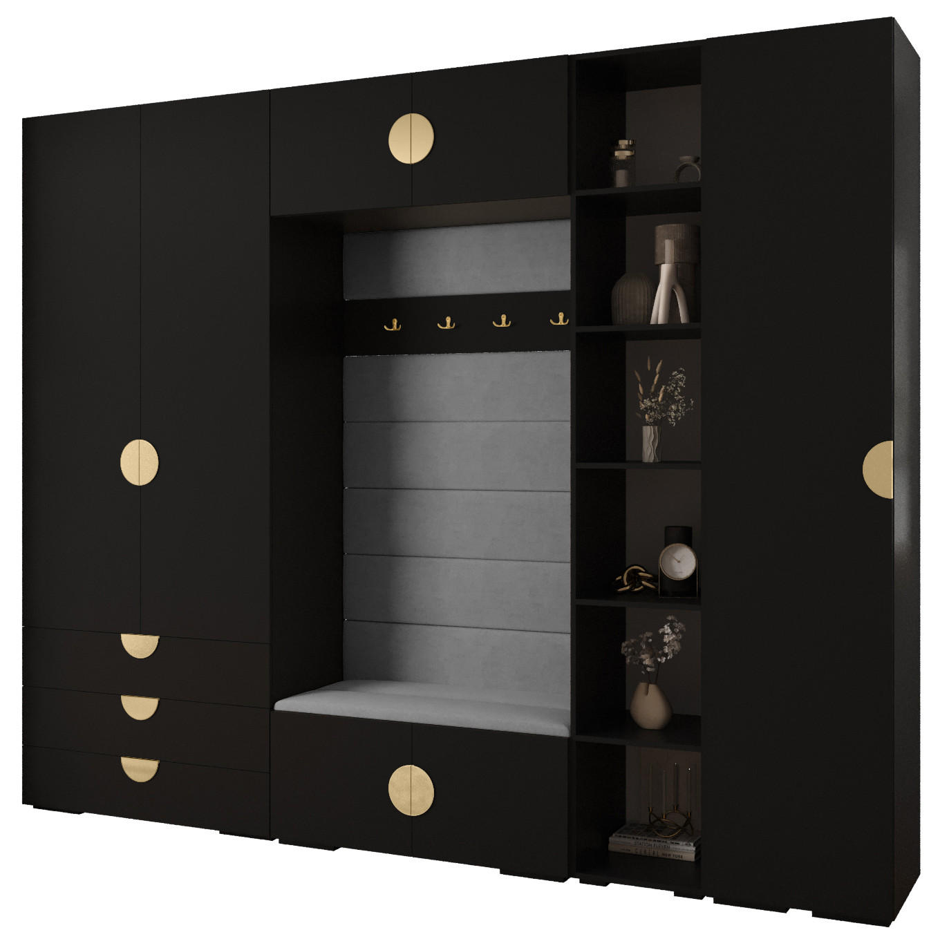 Abiks Möbel Garderoben-Set Schwarz, Grau, Gold 290x236.7x47 cm