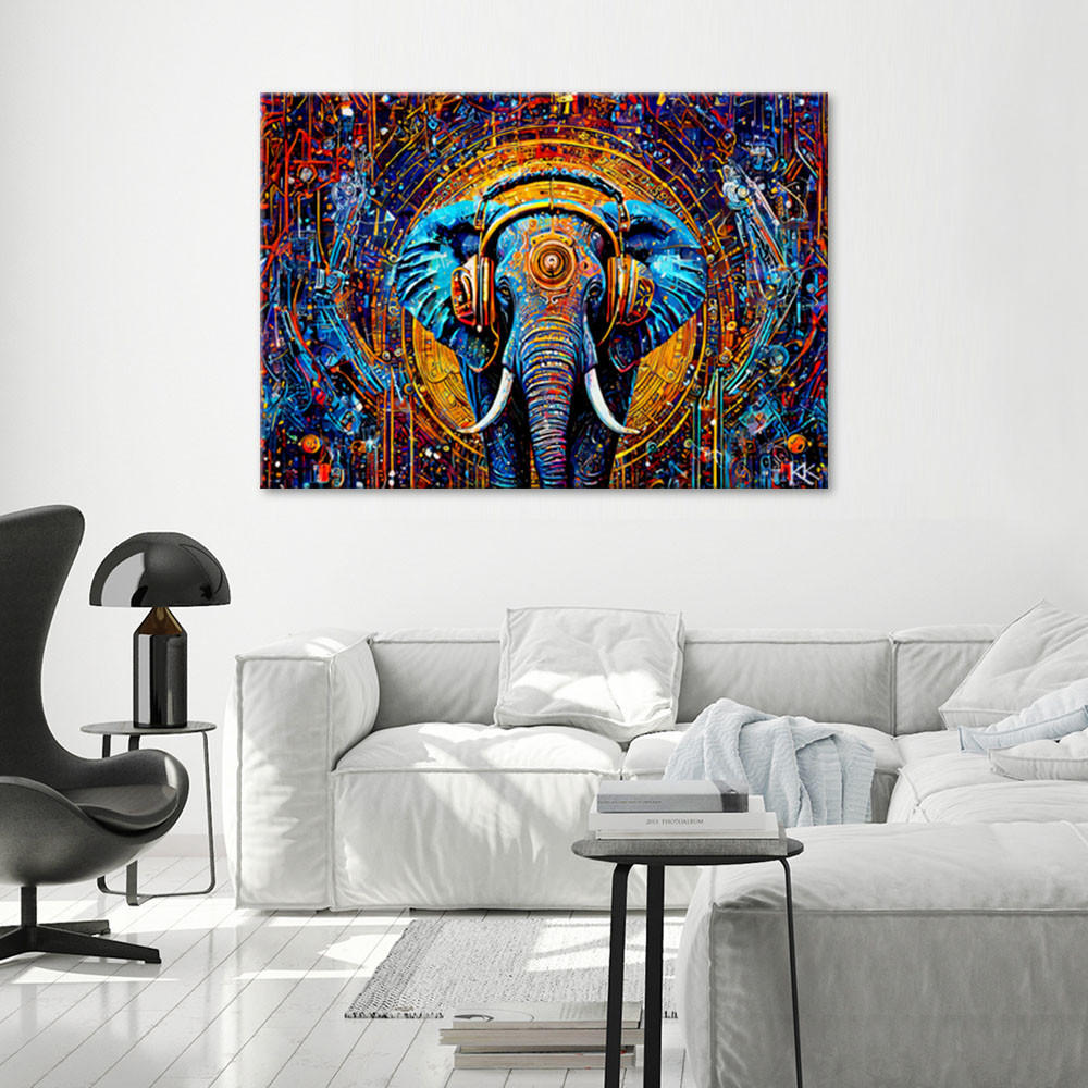 LEINWANDBILD Elefant im Kopfhörer Abstraktion 100x70cm - Multicolor, Textil (100/70cm) - Feeby