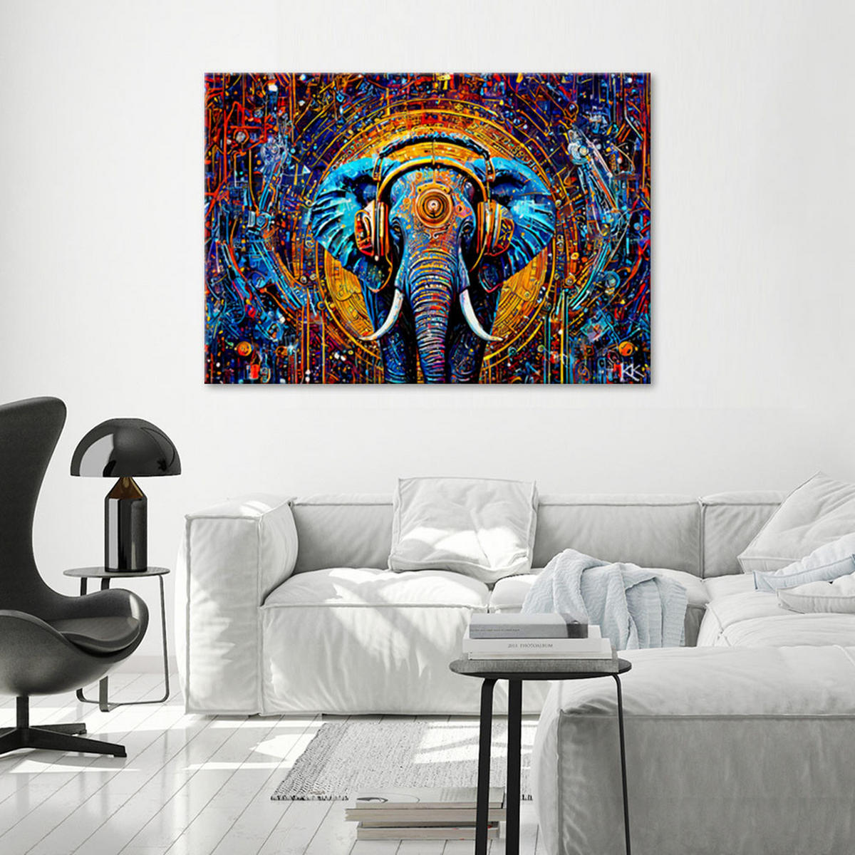 LEINWANDBILD Elefant im Kopfhörer Abstraktion 90x60cm - Multicolor, Textil (90/60cm) - Feeby